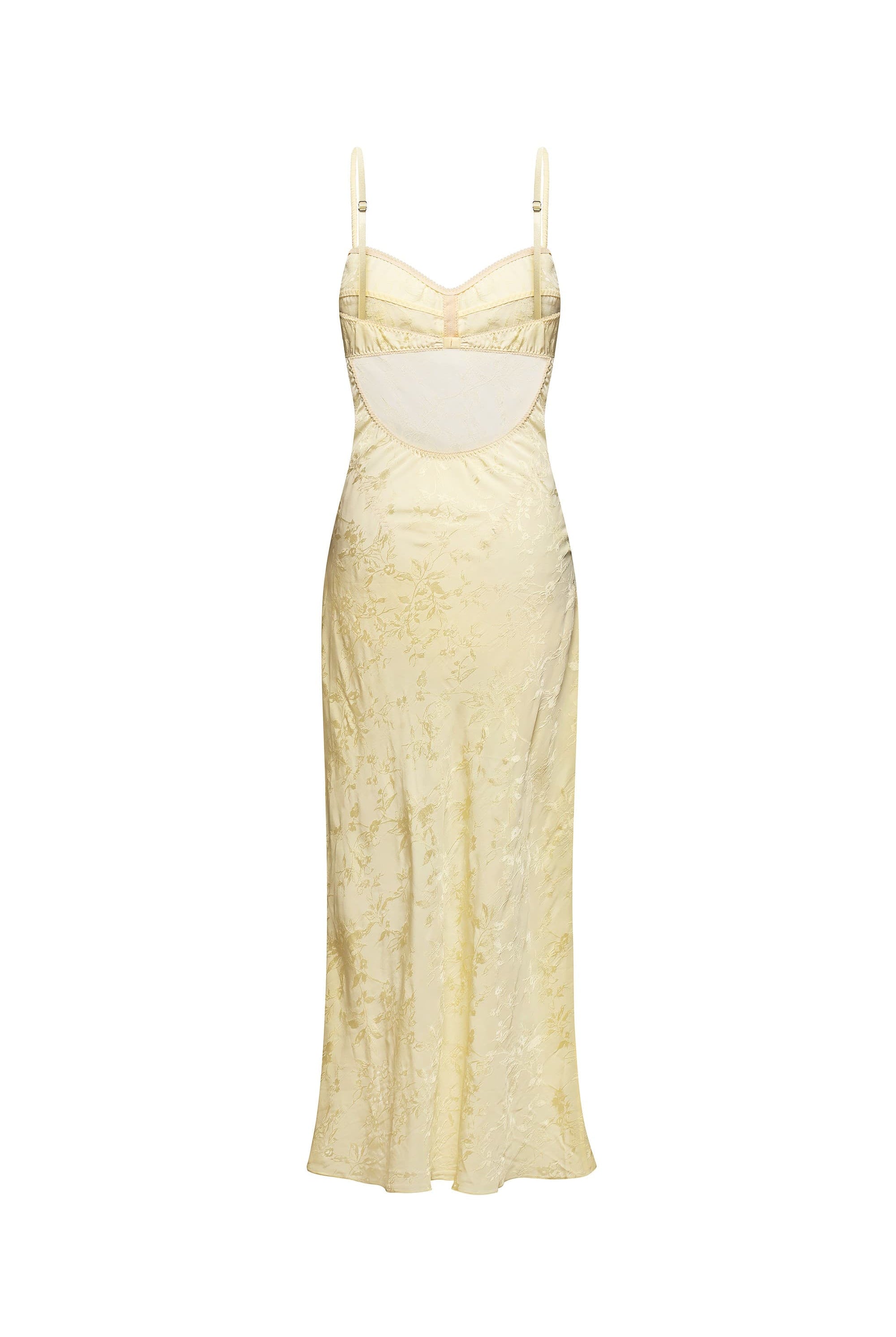 A pale yellow slip Waterlily dress with spaghetti straps, shown against a plain white background, back view