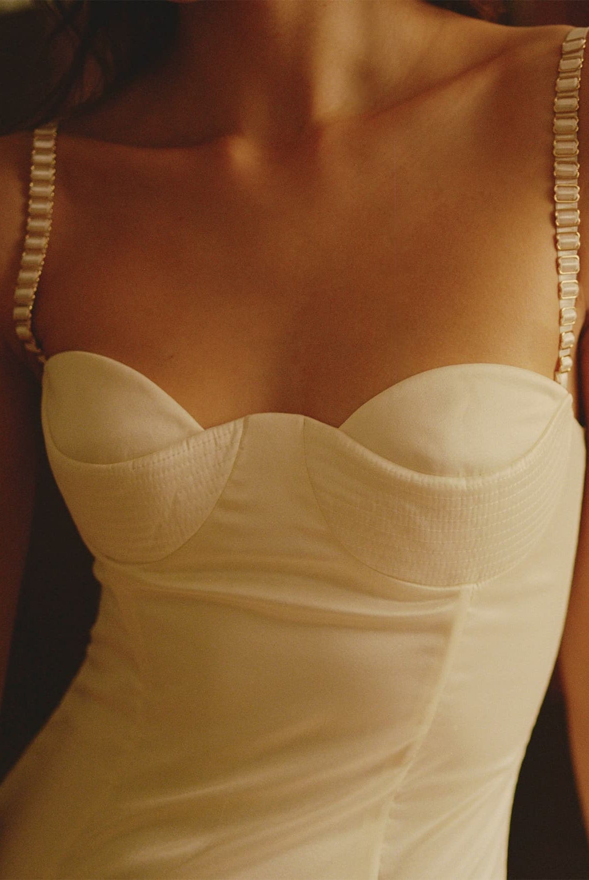 Model in Chloé midi dress with a corset top with stitching and wide skirt front details view