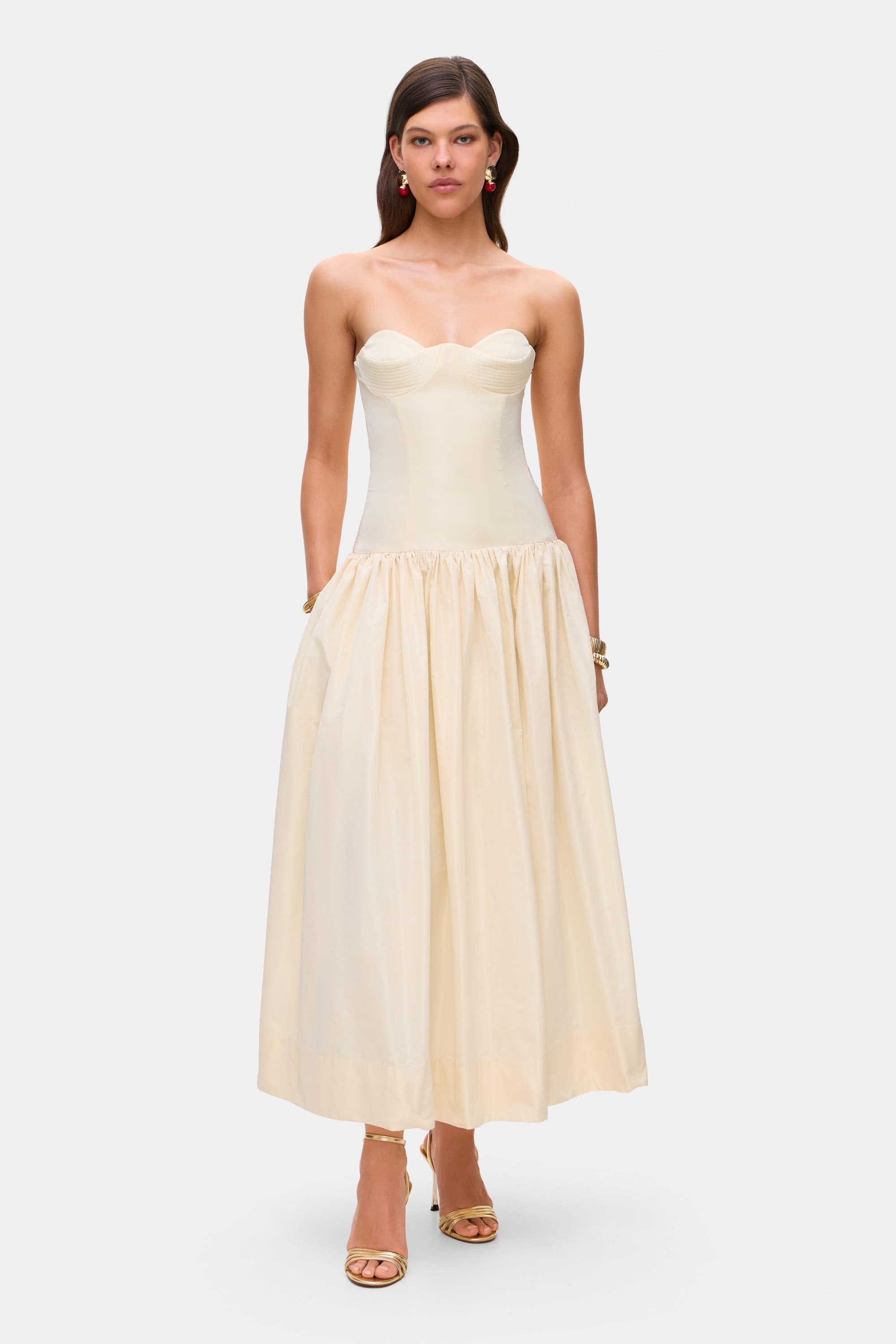Model in Chloé midi dress with a corset top with stitching and wide skirt front view