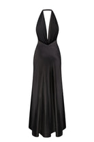 Open back Ruth maxi dress with decorative draping on the front, back view