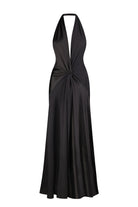 Open back Ruth maxi dress with decorative draping on the front, front view