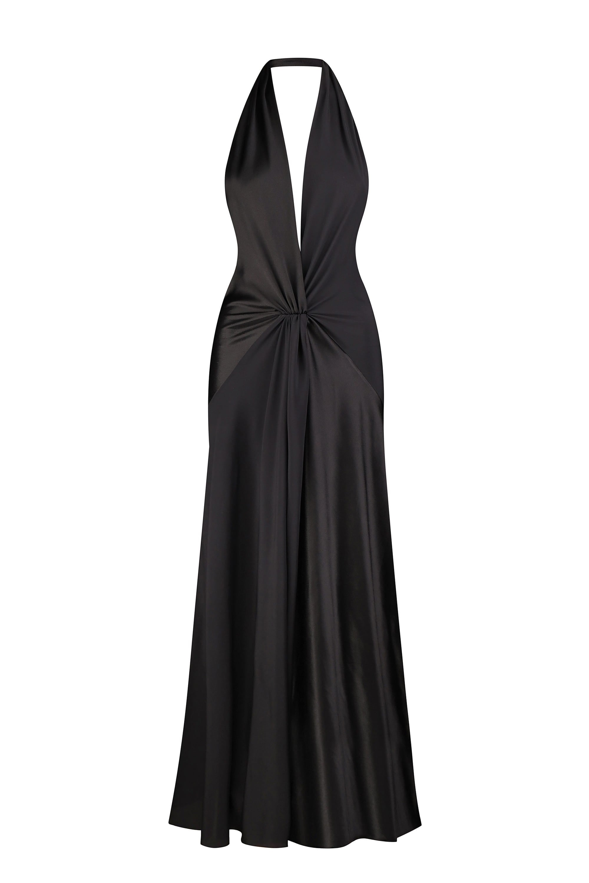 Open back Ruth maxi dress with decorative draping on the front, front view
