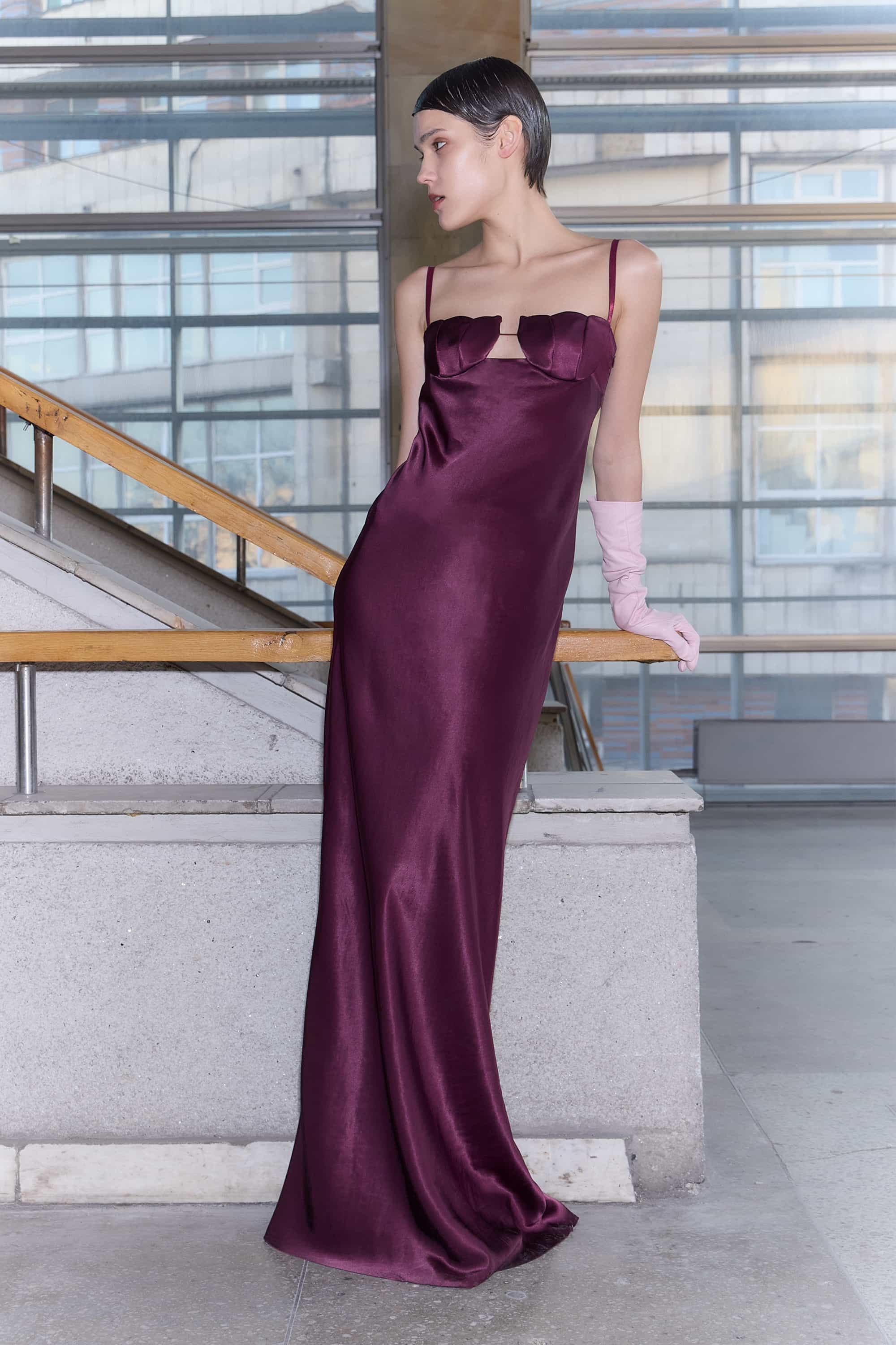 Model in Tulip maxi dress with tulip-shaped decorated cups