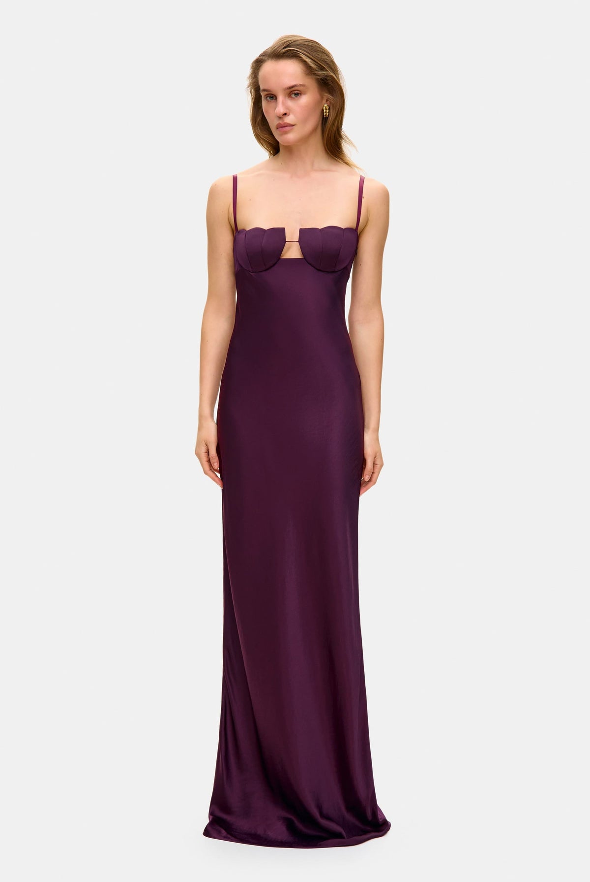 Model in Tulip maxi dress with tulip-shaped decorated cups front view