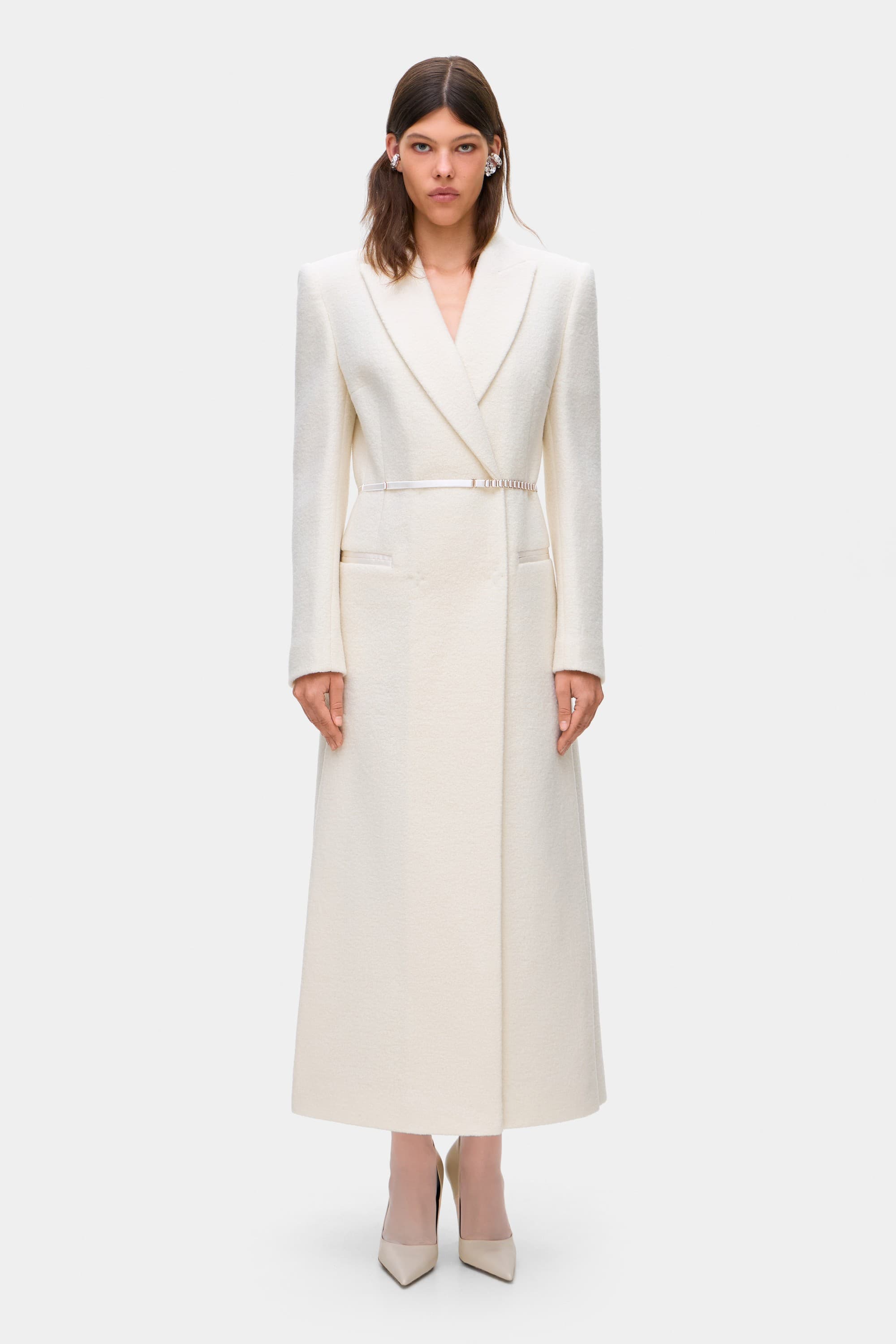 Model in fitted maxi boucle Anneliese coat front view