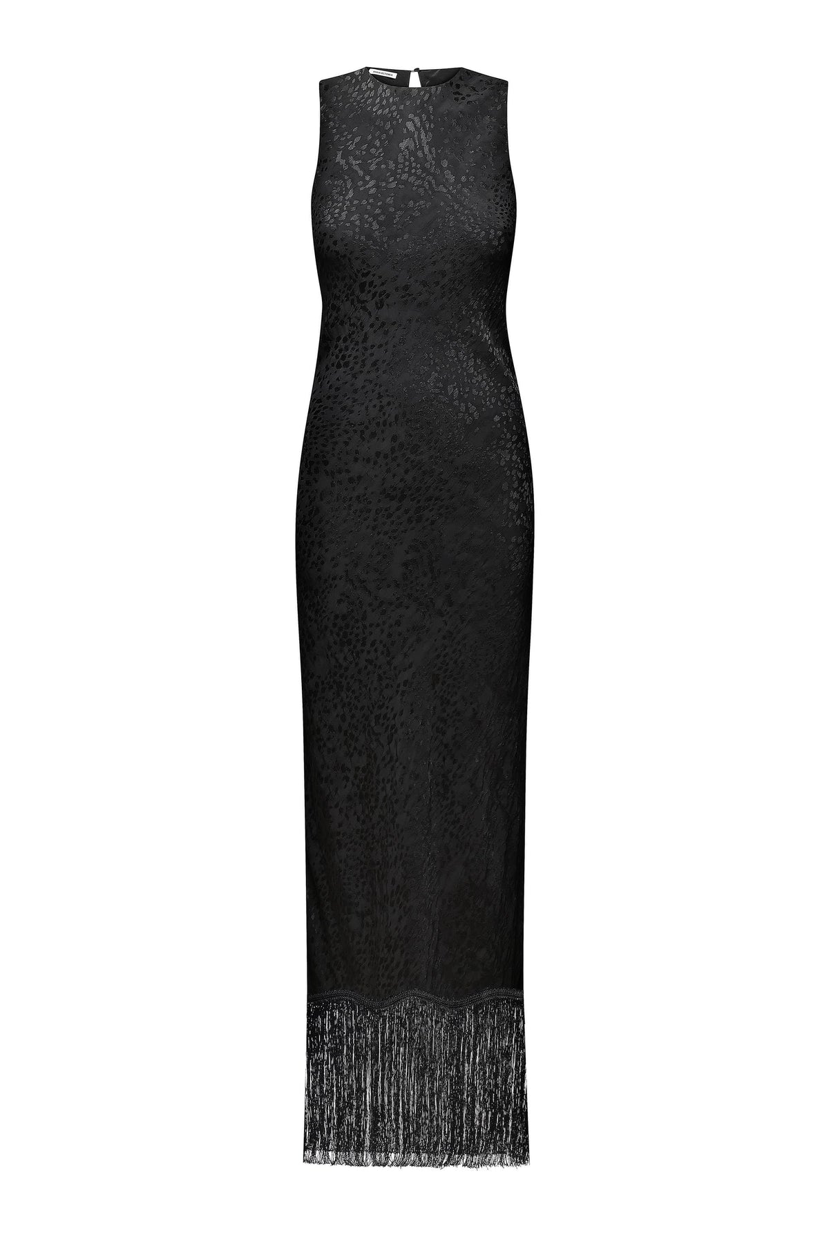 A sleeveless black lace Gill dress with a textured pattern and a fringed hem, shown against a plain white background, front view