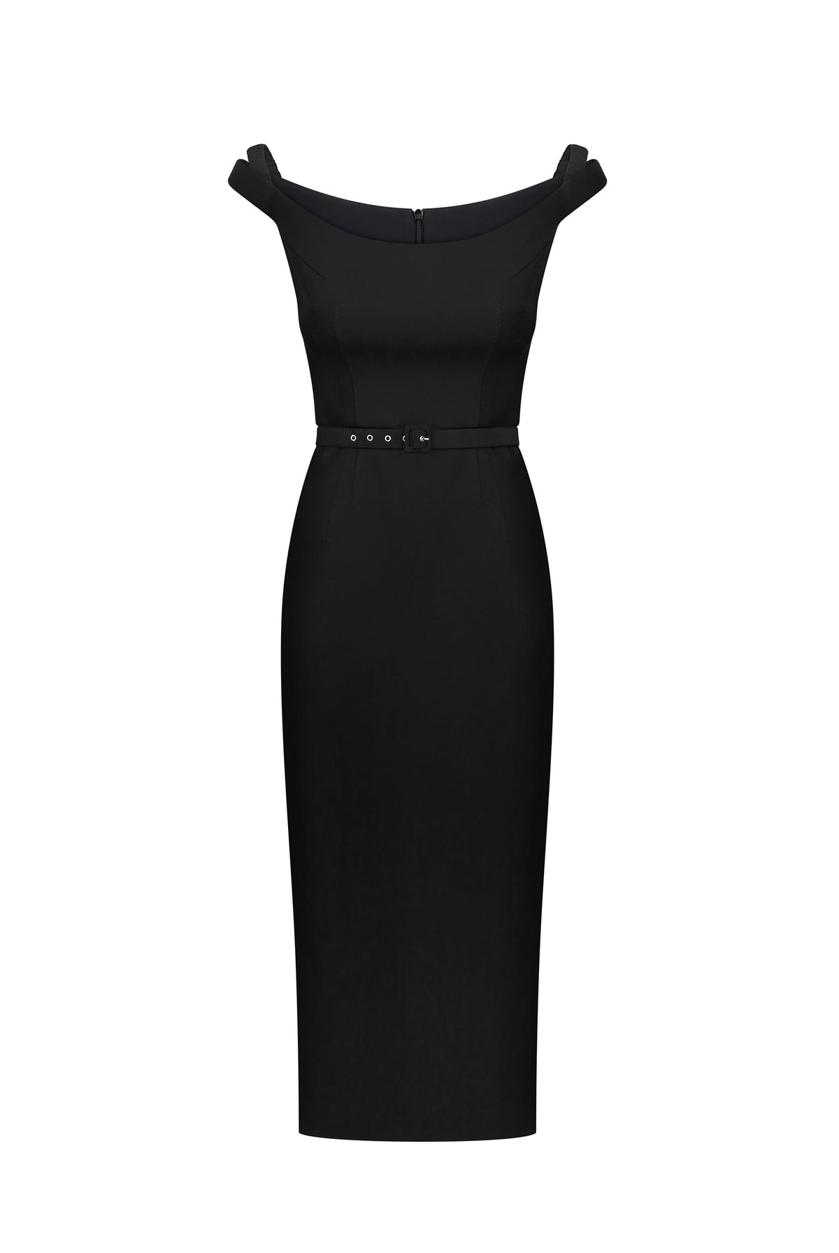 A black off-the-shoulder Judith dress with a fitted bodice, a thin waist belt with small silver studs, and a straight skirt, shown on a plain white background, front view