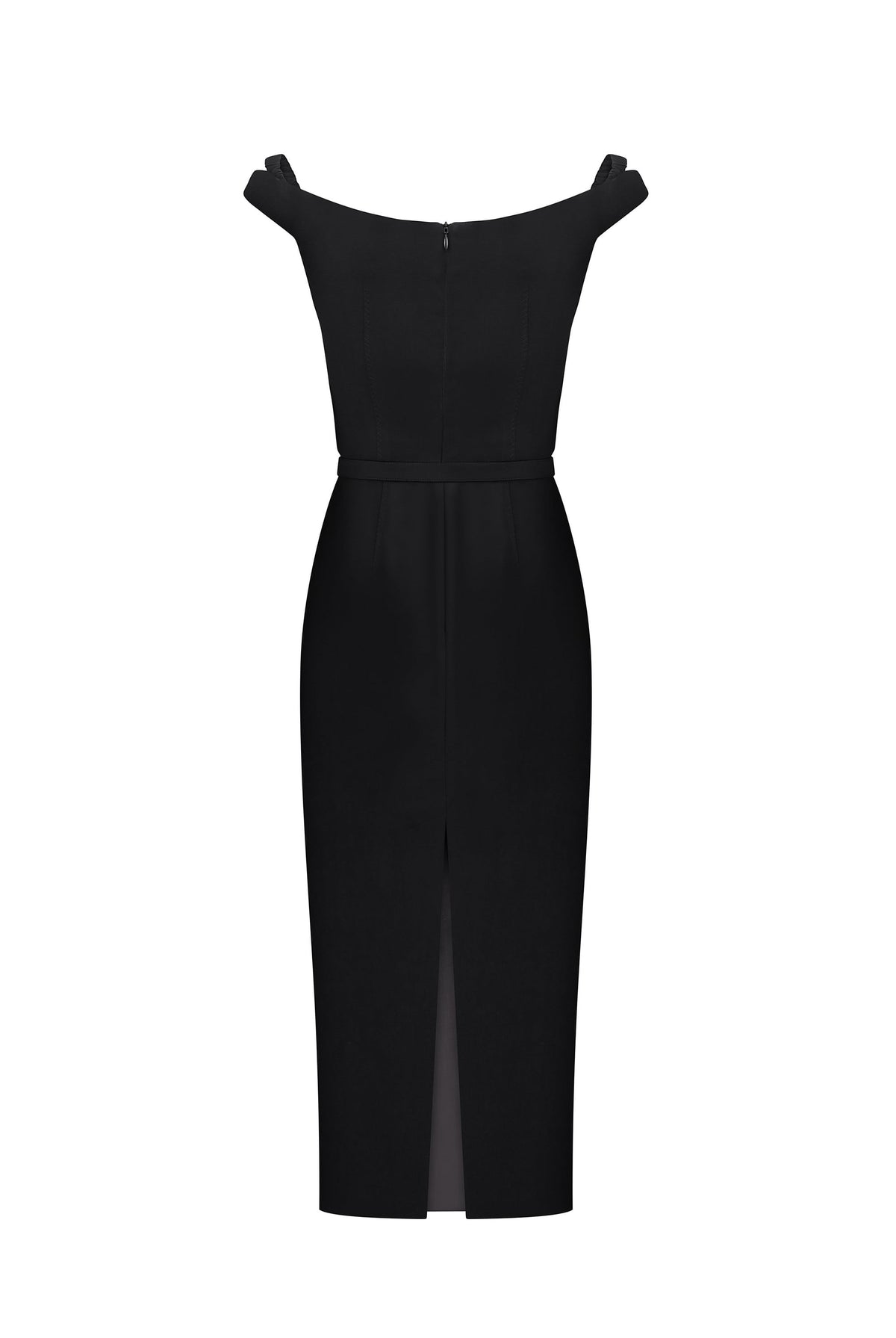 A black off-the-shoulder Judith dress with a fitted bodice, defined waist, and front slit, shown on a plain white background, back view