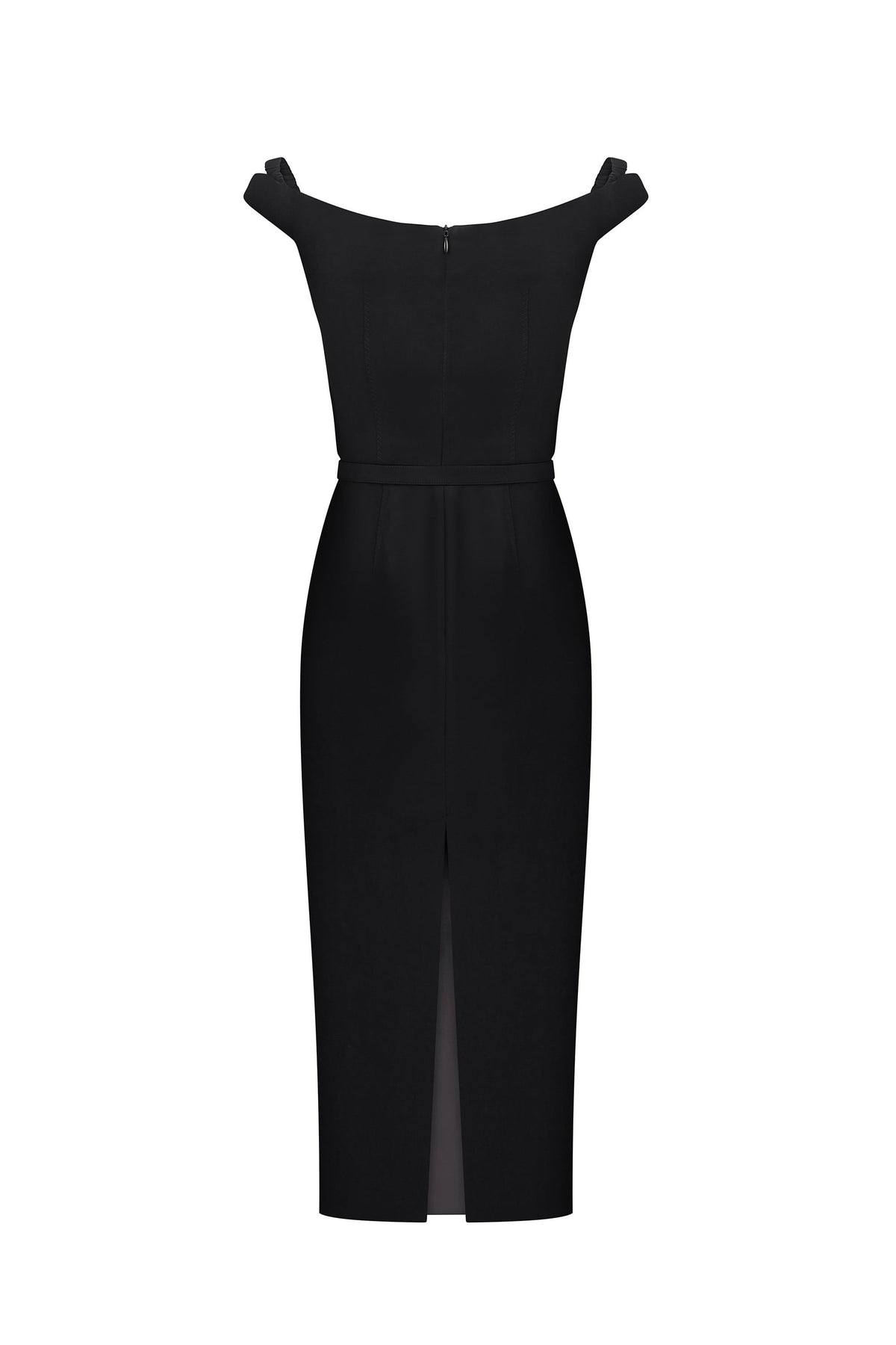 A black off-the-shoulder Judith dress with a fitted bodice, defined waist, and front slit, shown on a plain white background, back view
