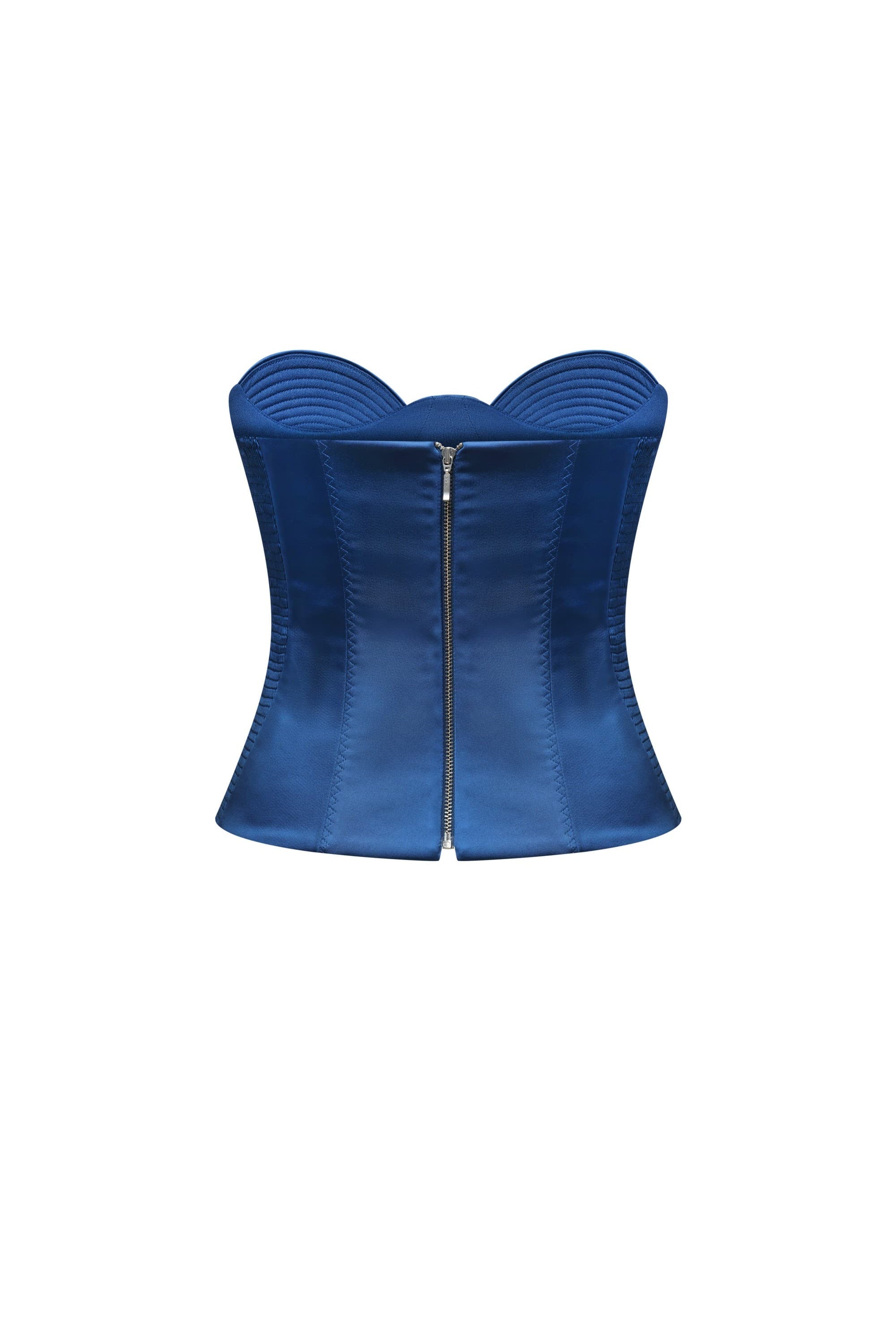 A royal blue strapless Raya corset bustier top with structured underbust and overbust seams, shown against a plain white background, back view