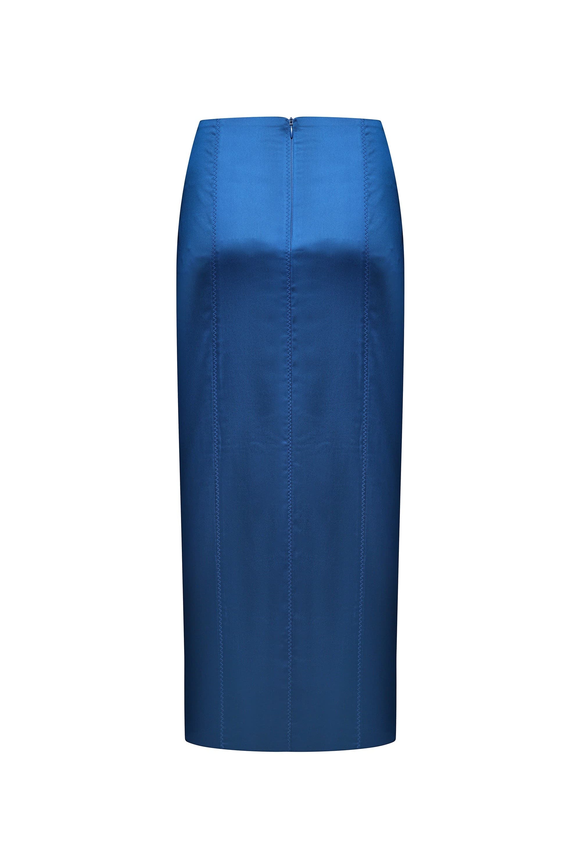 A royal blue satin Agnes skirt with a subtle sheen and a front seams, shown against a plain white background, back view