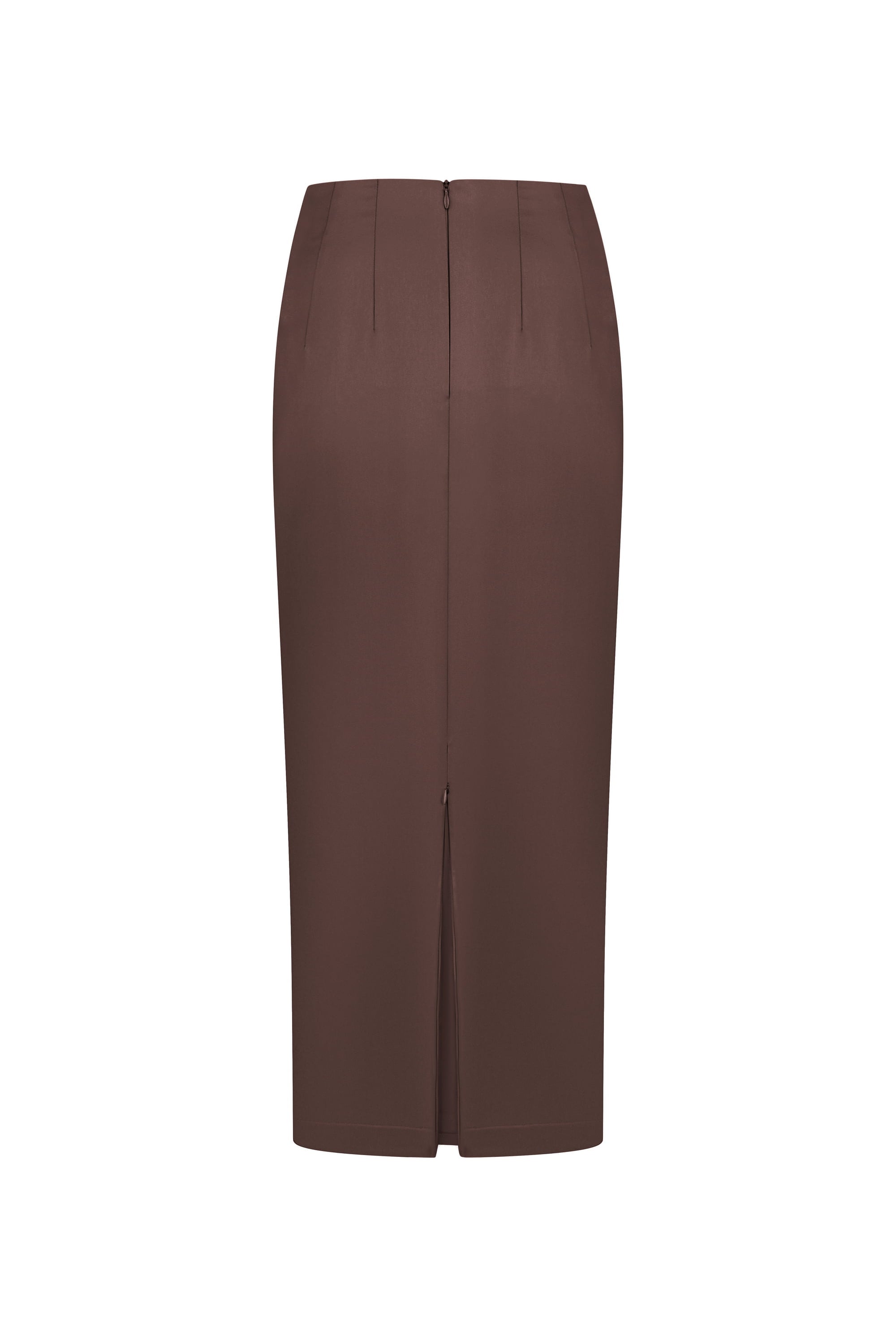 A brown pencil skirt with a front center slit, shown against a plain white background, back view