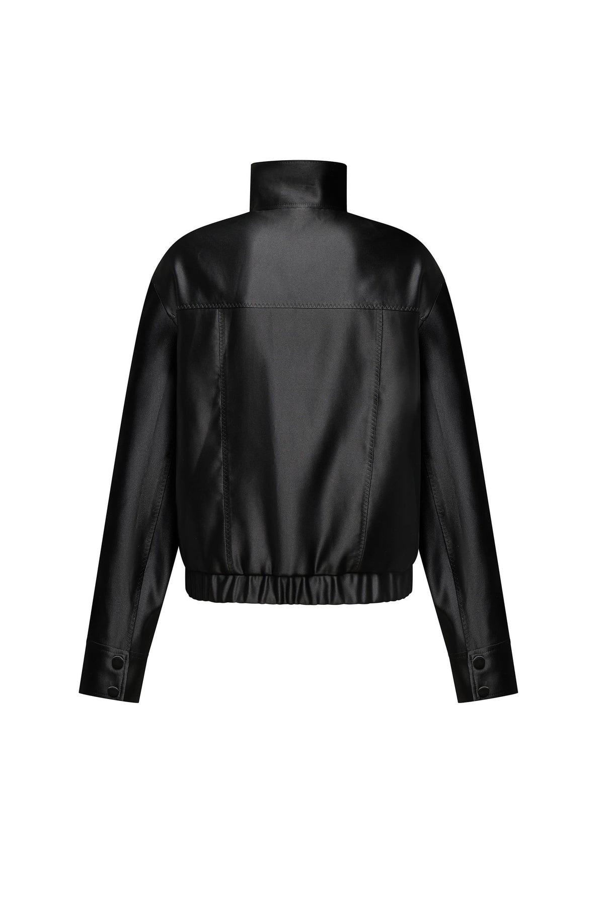 A black faux-leather Clarice jacket with a high mock neck collar, long sleeves, and a gathered elastic hem, shown from the back on a plain white background, back view