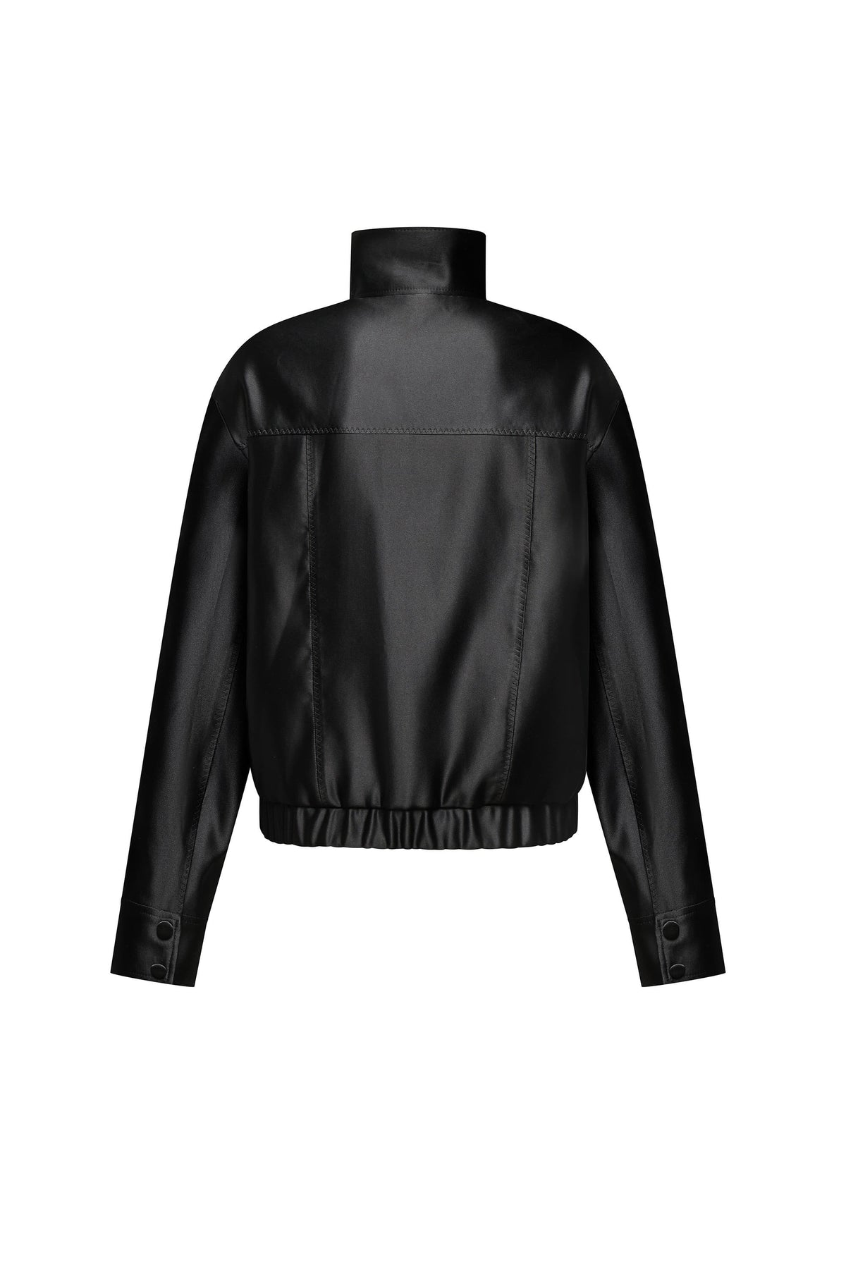 A black faux-leather Clarice jacket with a high mock neck collar, long sleeves, and a gathered elastic hem, shown from the back on a plain white background, back view