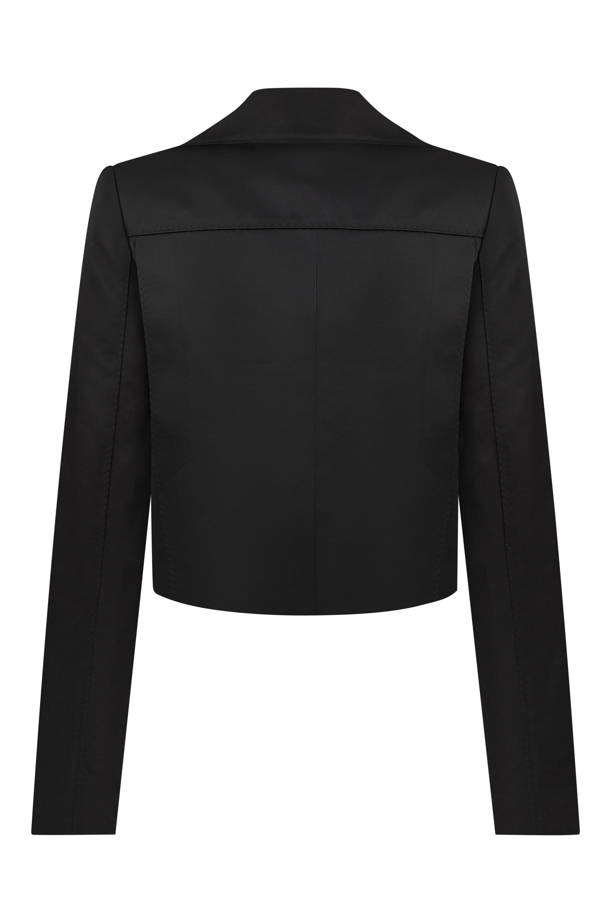 Black Nika jacket with button details on a white background, back view