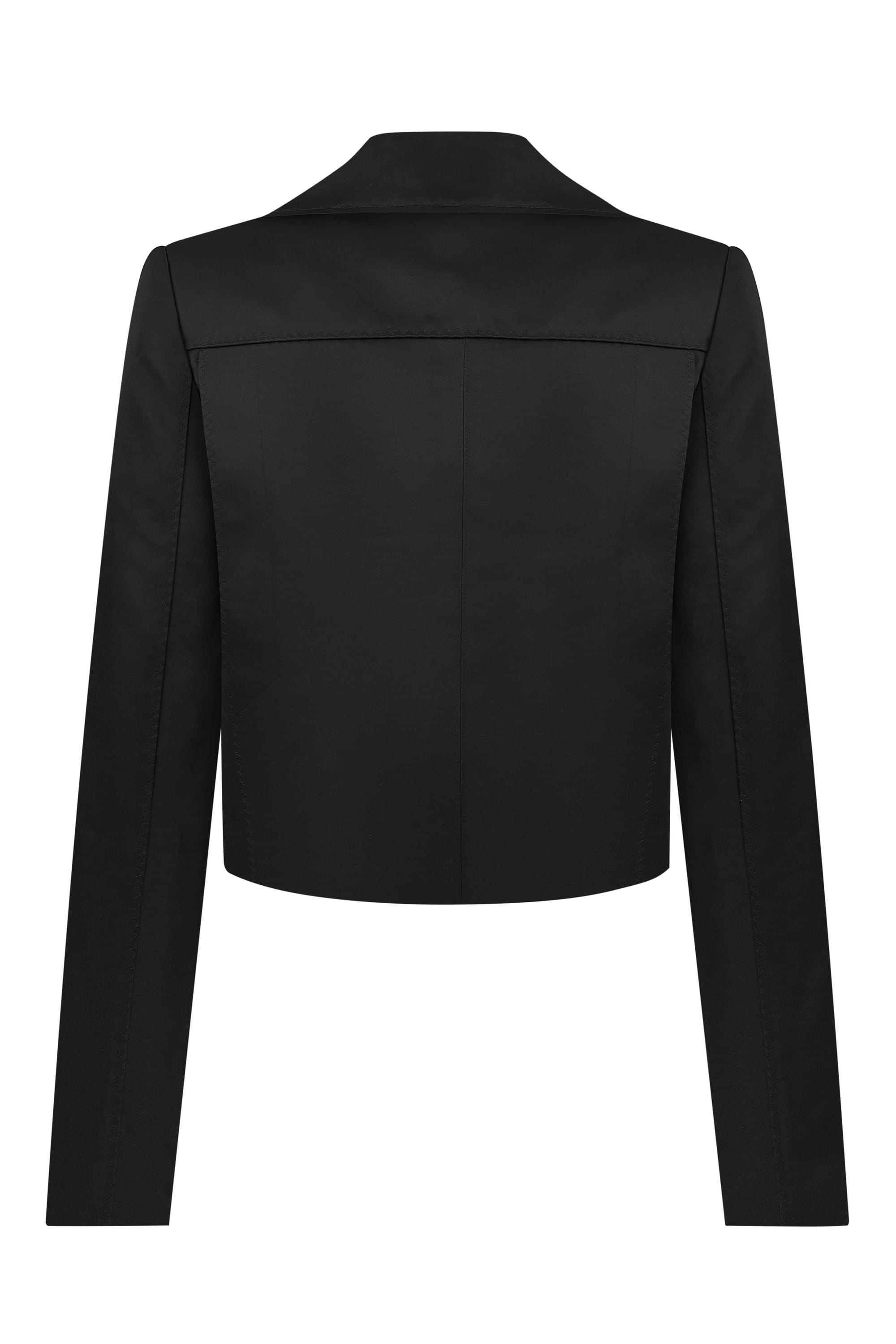 Black Nika jacket with button details on a white background, back view