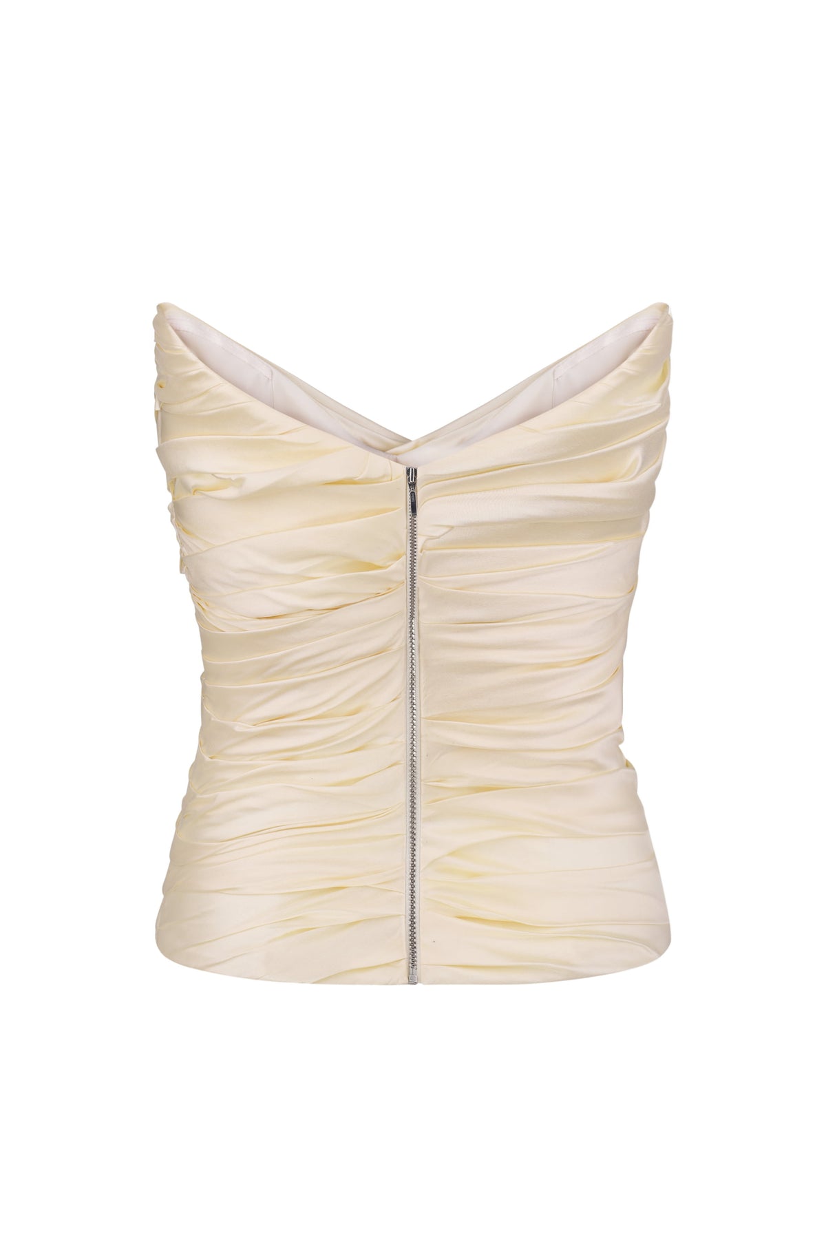 A strapless corset-style Lissa top in a buttermilk color, a central silver zipper, shown against a plain white background, back view