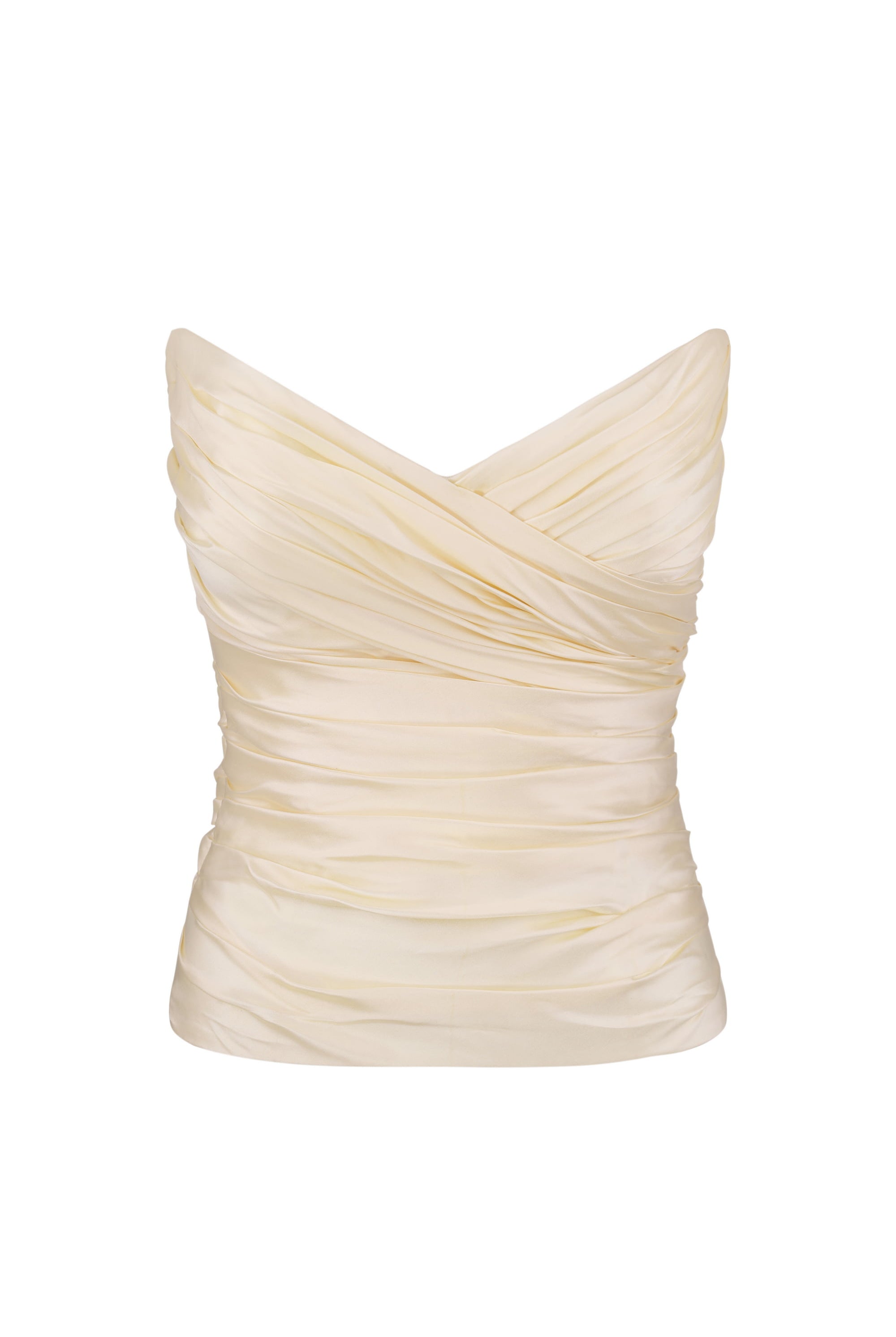 An buttermilk strapless draped Lissa top with a sweetheart neckline and gathered fabric details, shown against a plain white background, front view