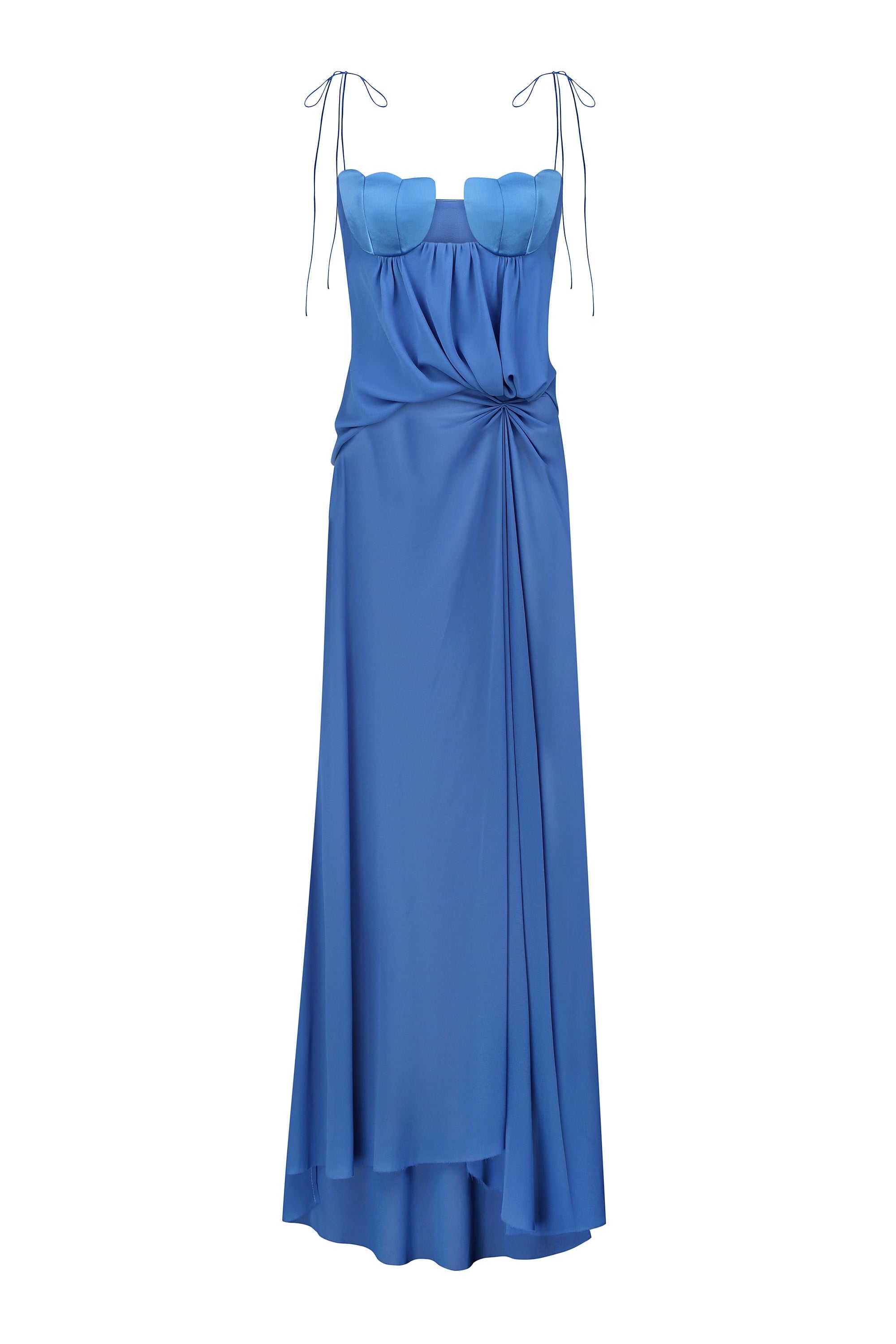 Loose maxi Arabella dress with tulip-shaped decorated cups and straps tied into bows front view