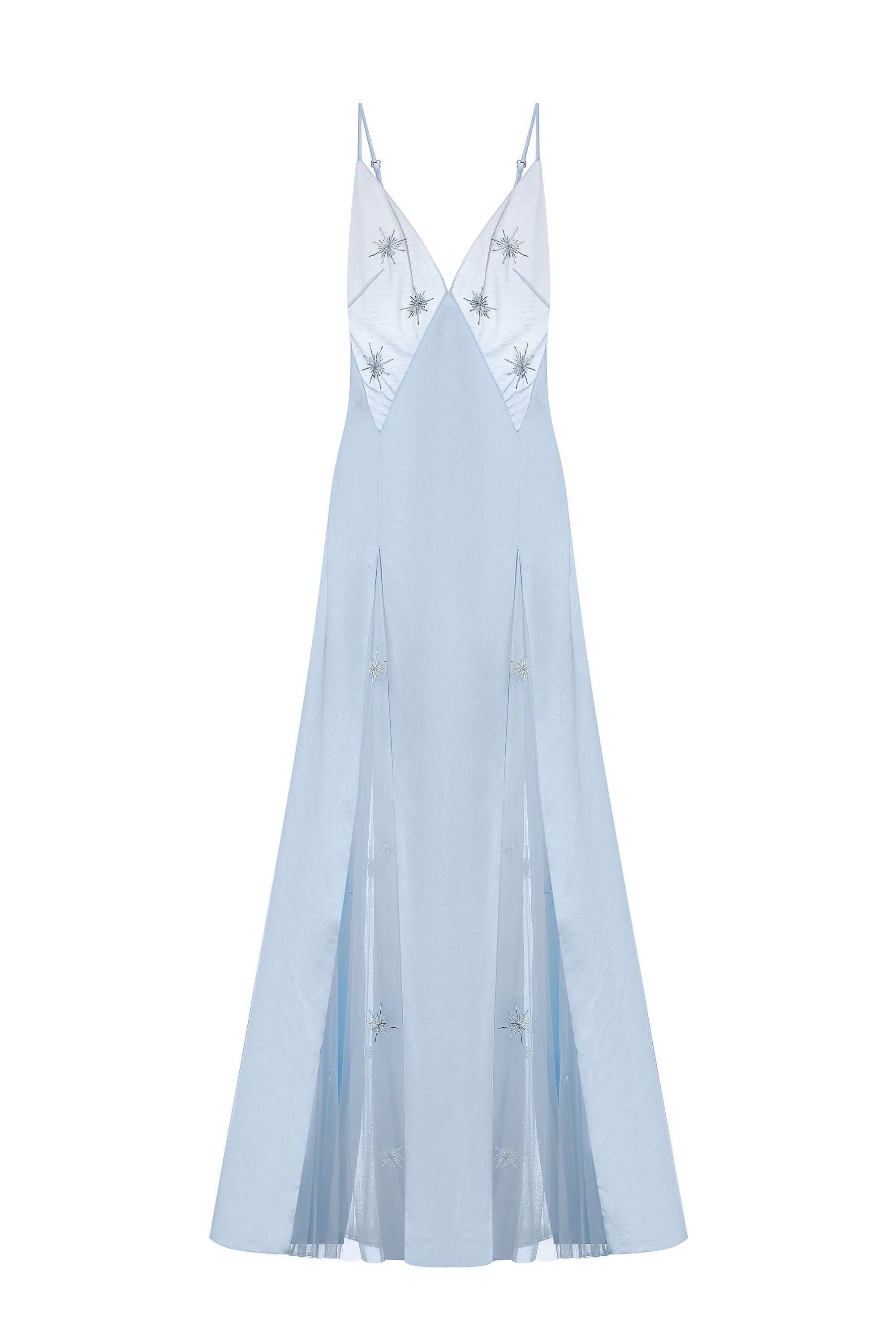 Fitted maxi Lolita dress with decorative embroidery all over the dress front view