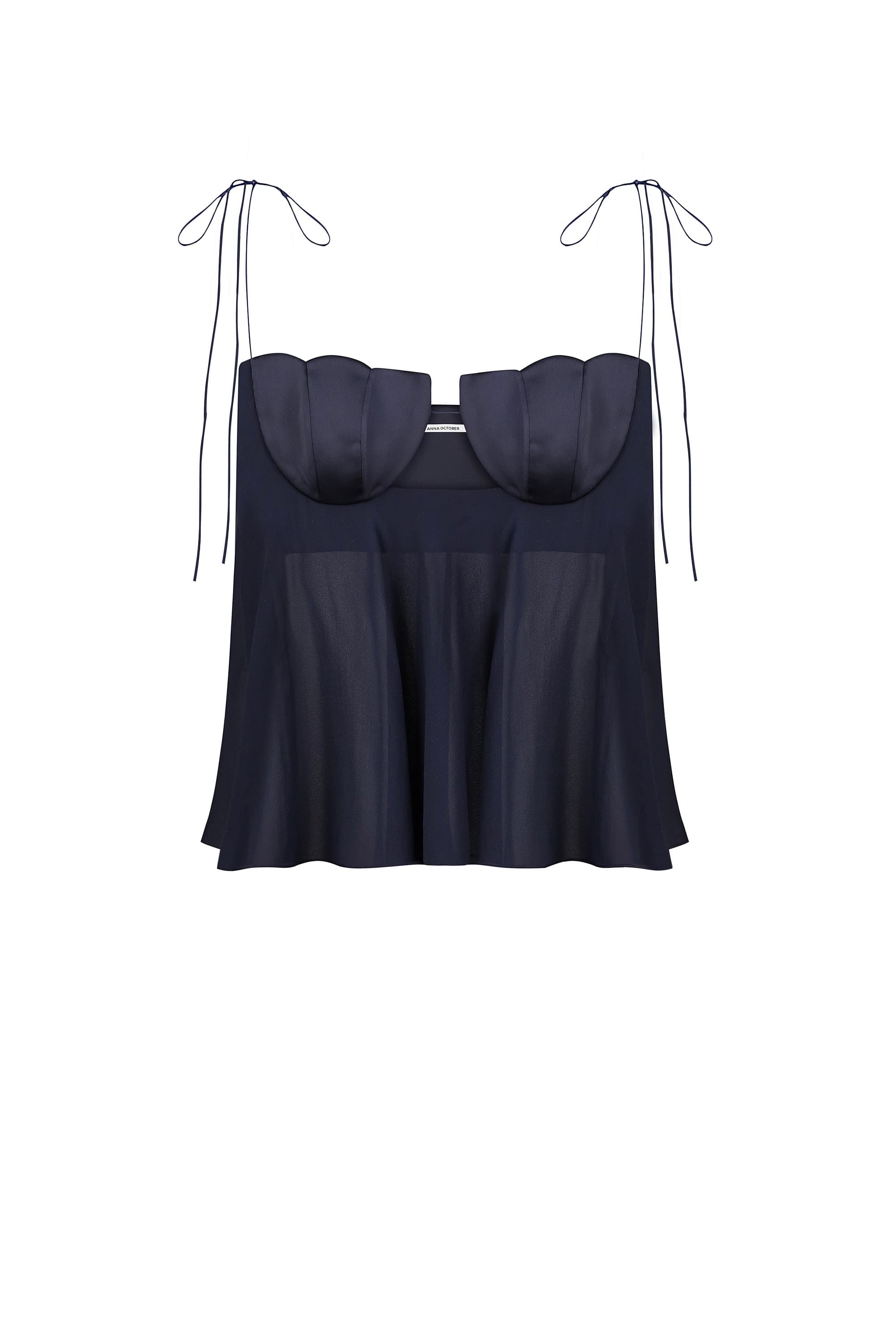 Wide-silhouette Clemence top with decored cups front view
