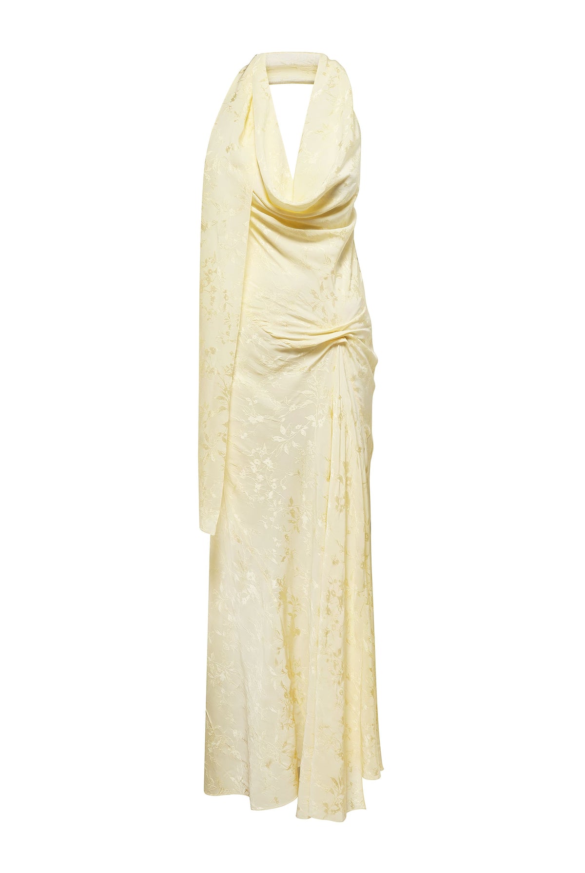 A pale yellow halter-neck maxi Kelly dress with a draped cowl neckline, gathered waist, and subtle tonal floral pattern, shown on a plain white background, front view