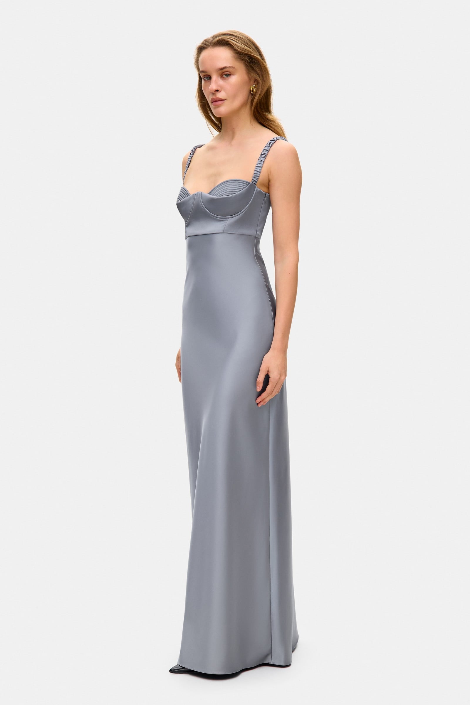 Model in maxi Yvette dress with cups side view