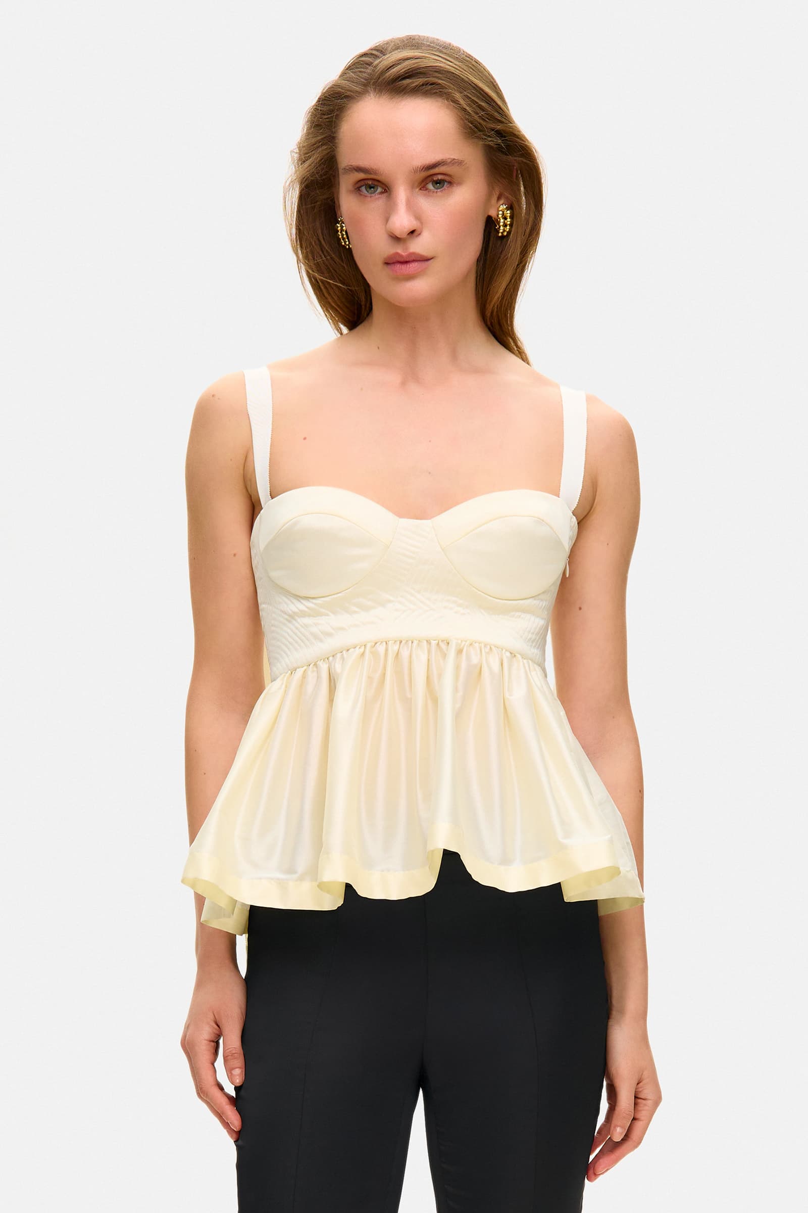 Model in Florine top with cups on straps front view