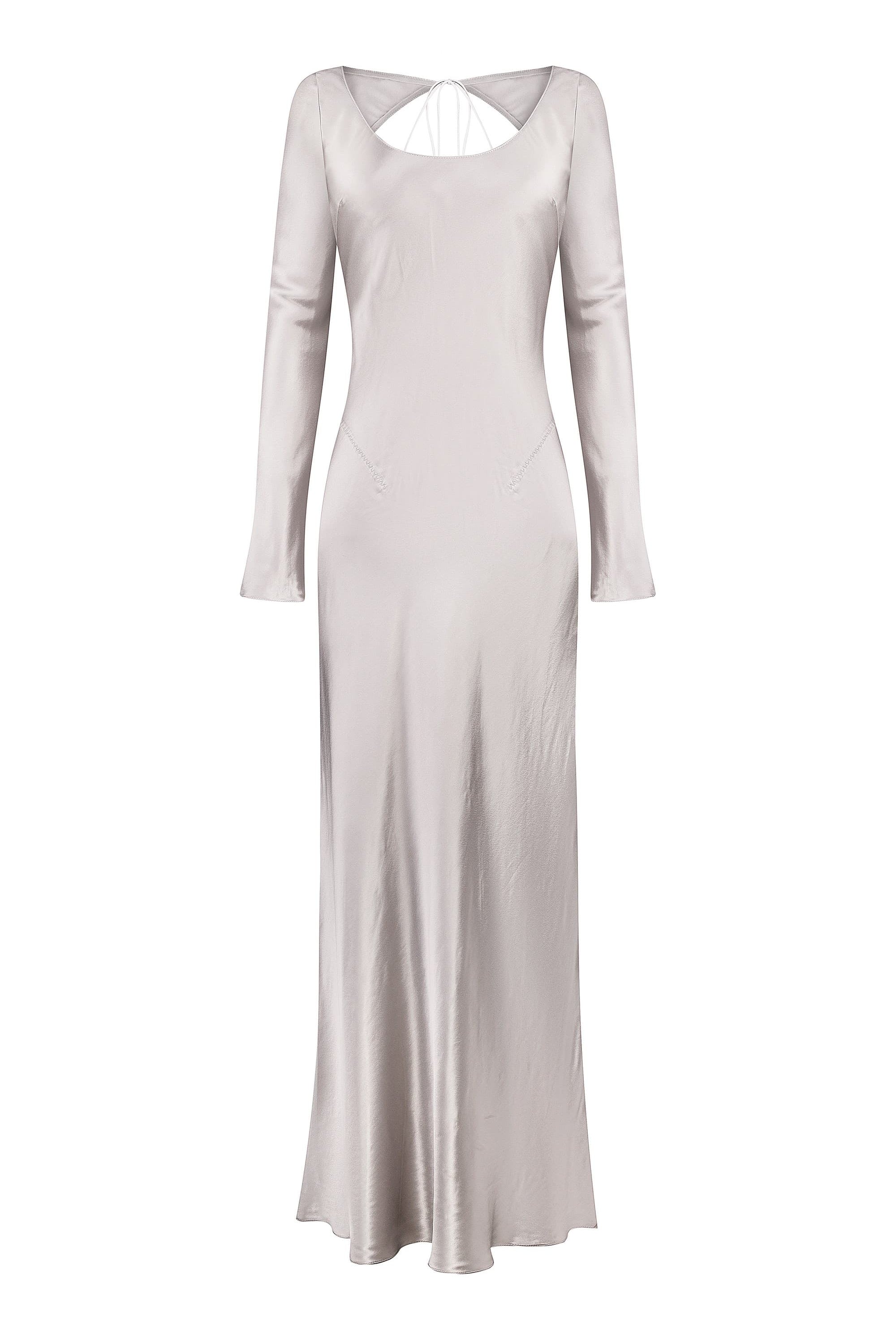 Long-sleeve Margit dress with cut-out back on a white background, front view