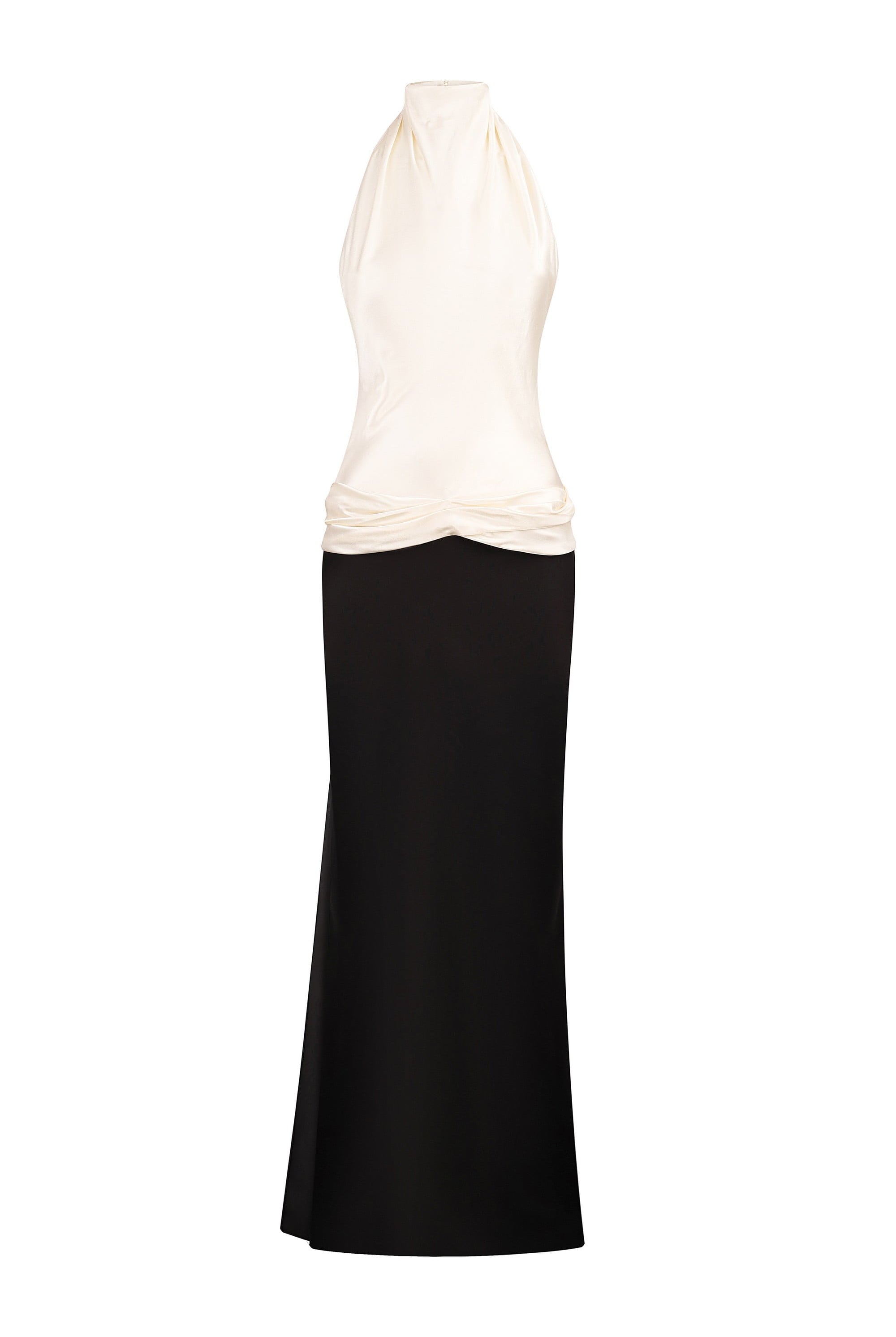 Two-tone dress with a white top and black skirt on a white background, front view