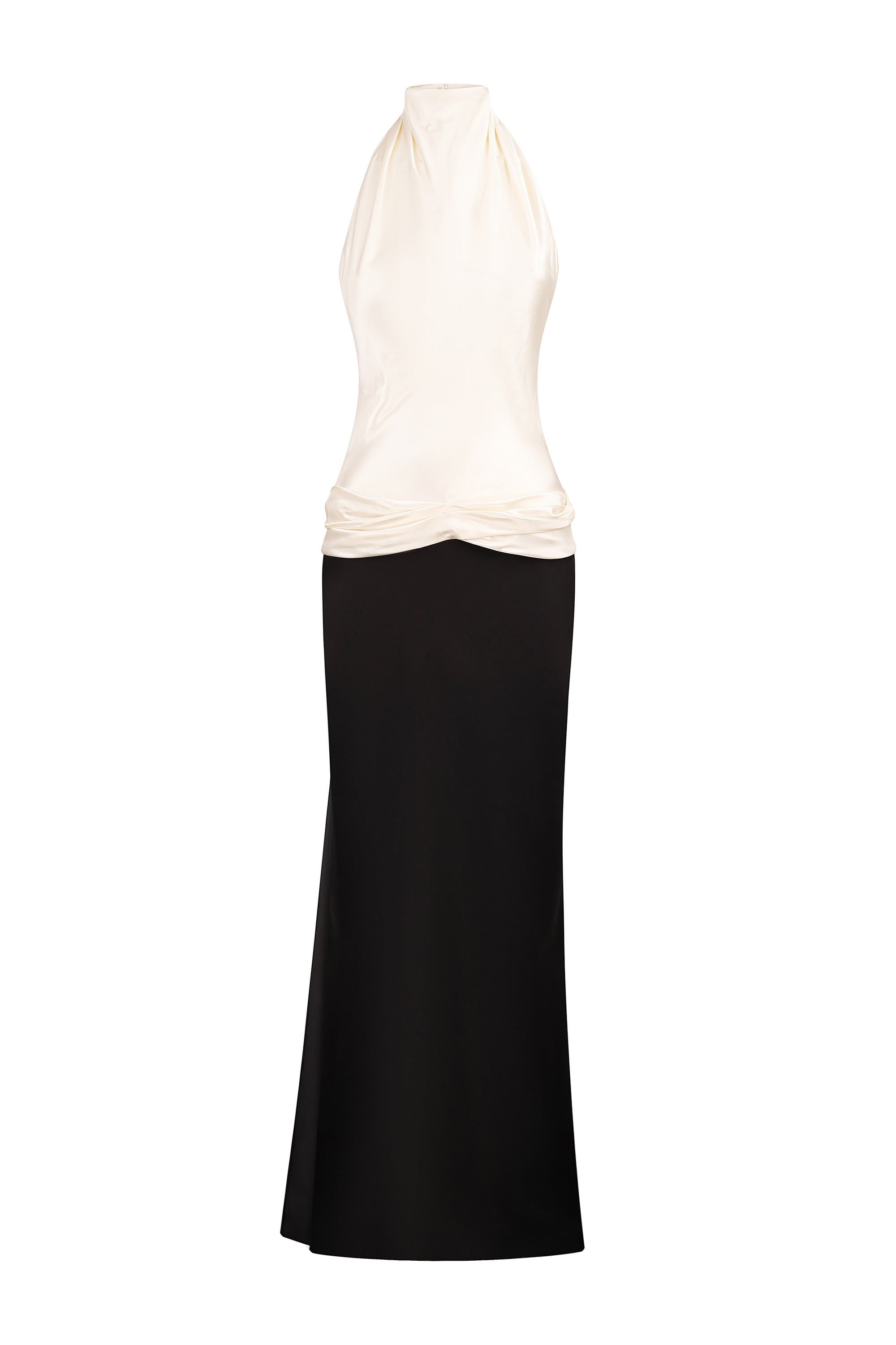Two-tone dress with a white top and black skirt on a white background, front view