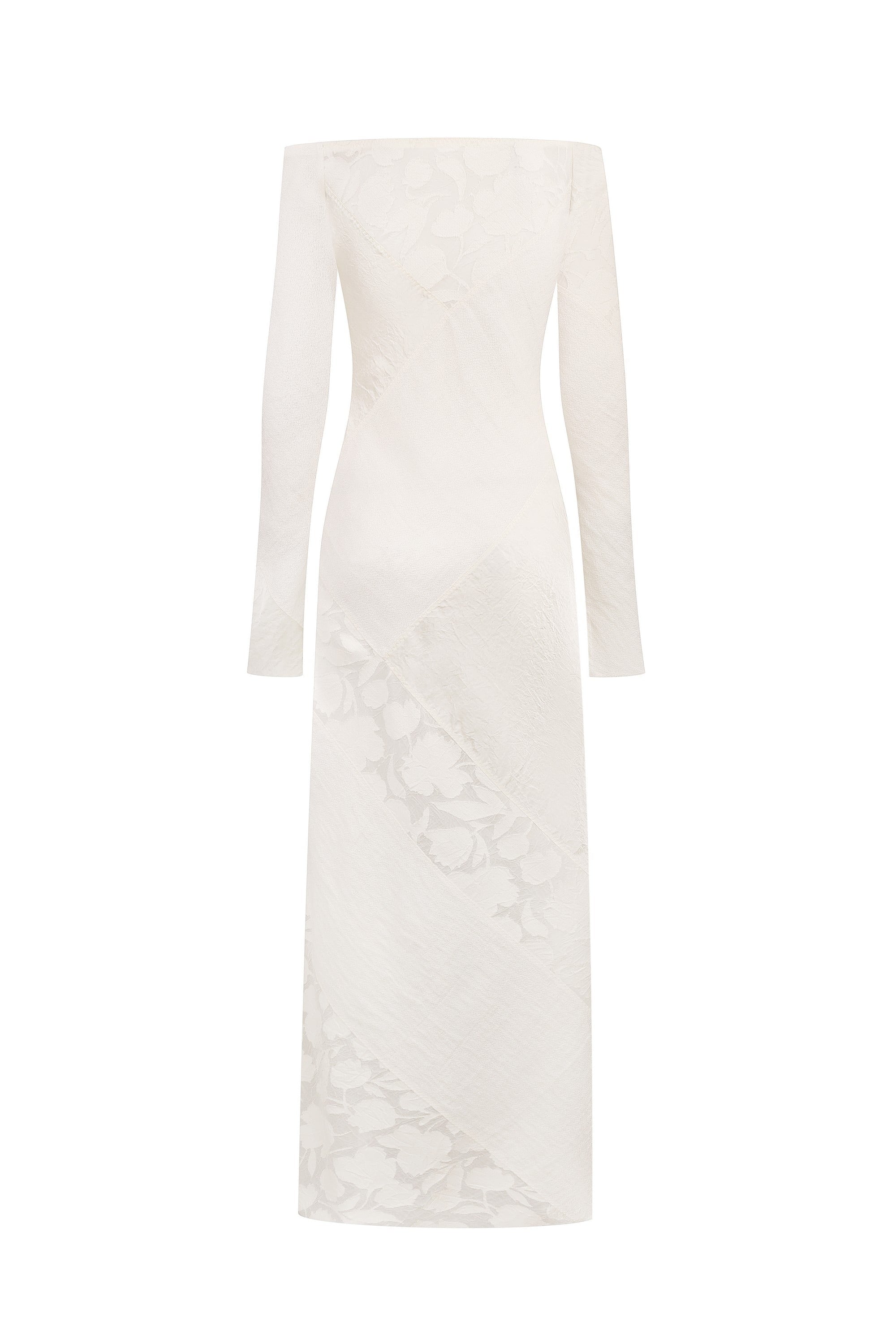 Ivory long-sleeve off-shoulder Santa dress with floral patterns on a white background, back view