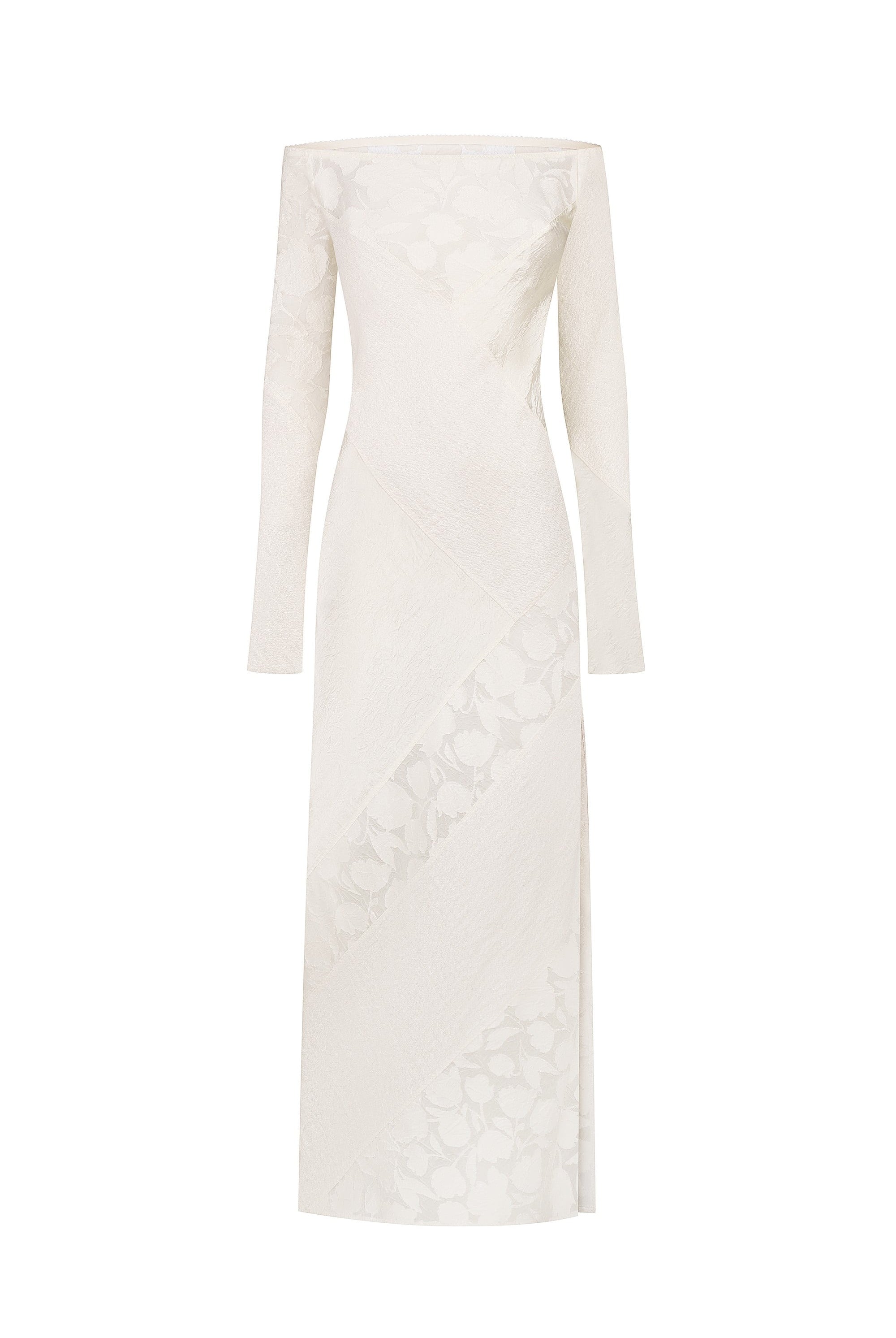 Ivory long-sleeve off-shoulder Santa dress with floral patterns on a white background, front view