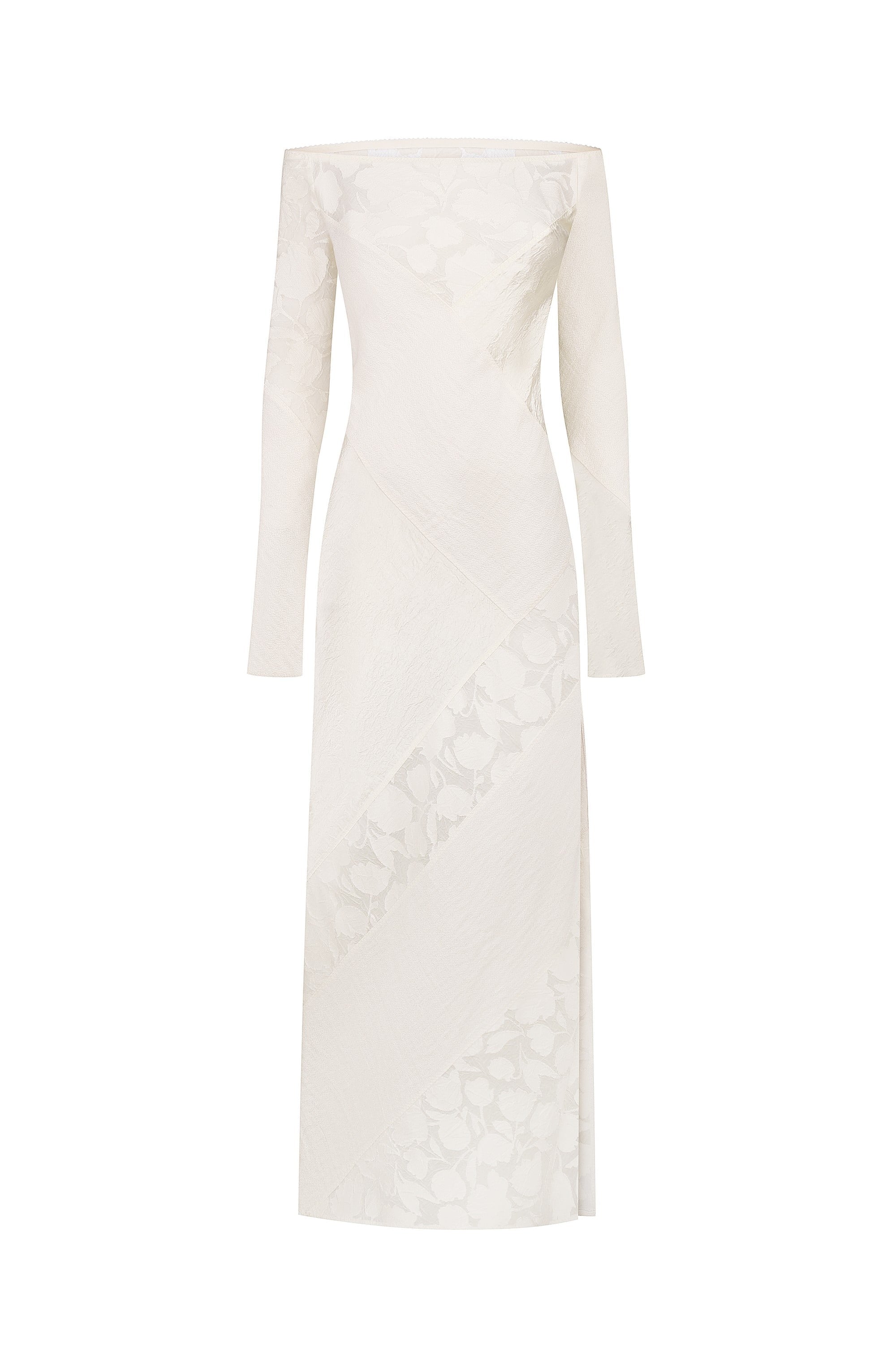 Ivory long-sleeve off-shoulder Santa dress with floral patterns on a white background, front view