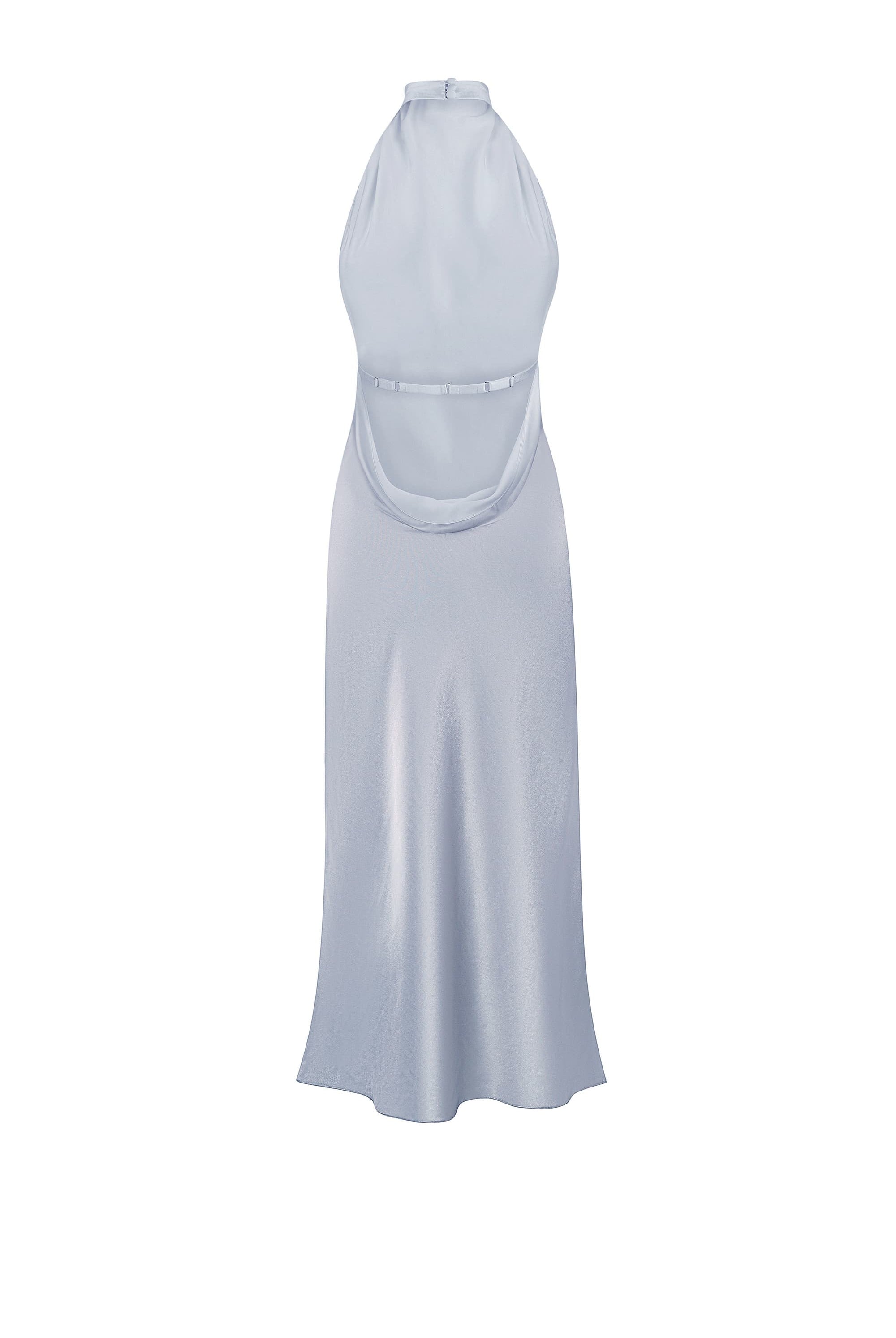 Silver halter neck Jordana dress on a white background, back view
