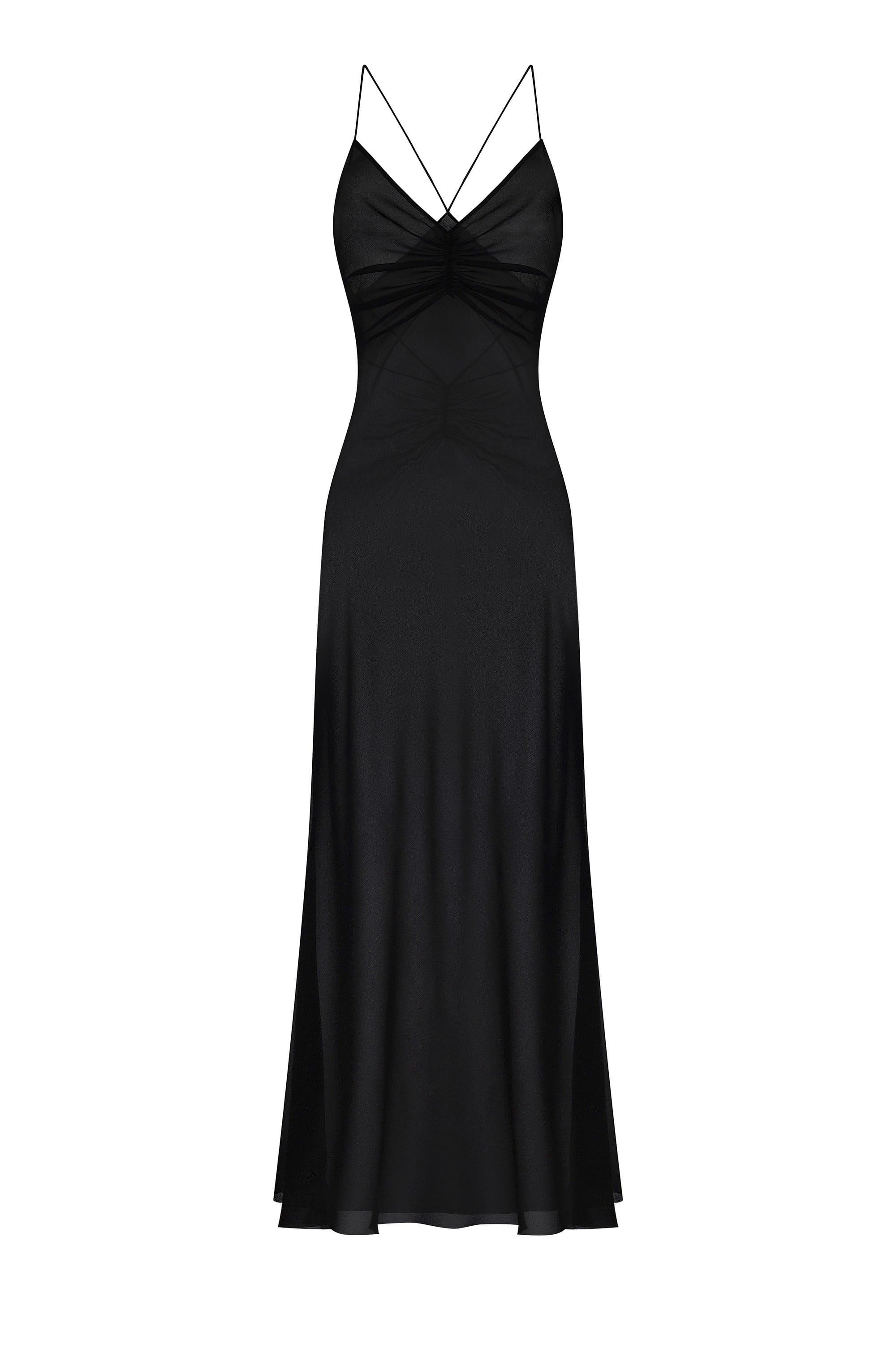 Black Eliana evening dress with thin straps on a white background, back view