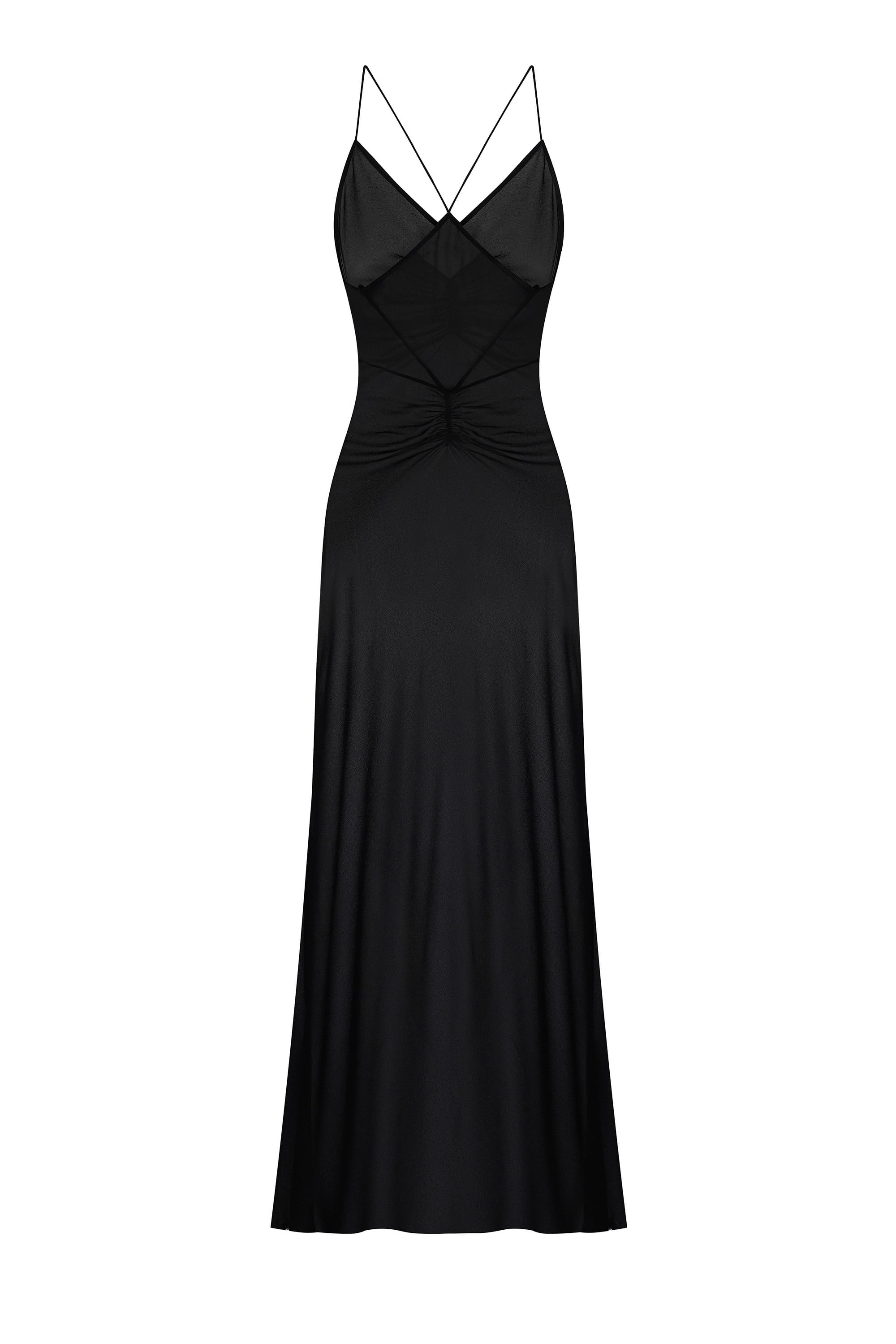 Black Eliana evening dress with thin straps on a white background, front view