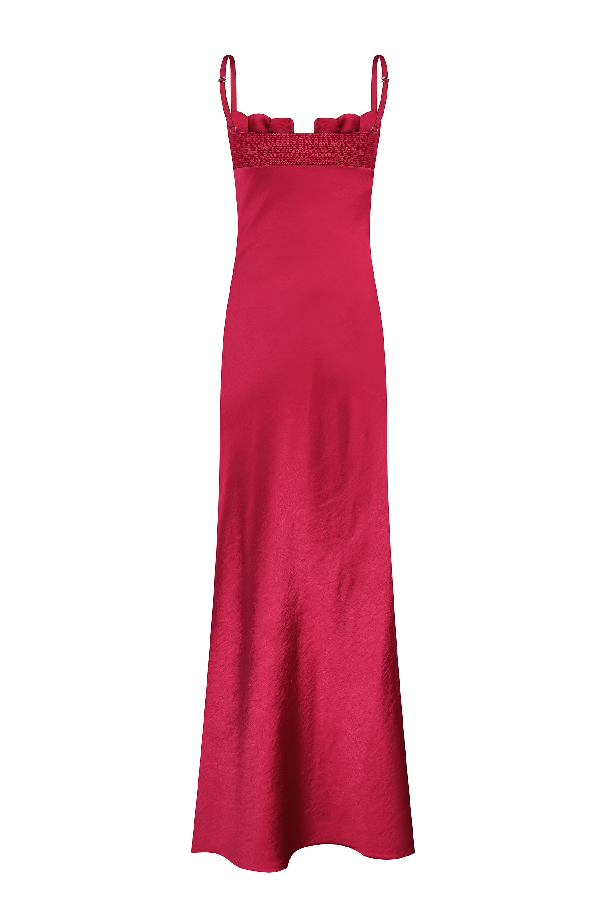 Berry Tulip dress with a textured bodice against a white background, back view