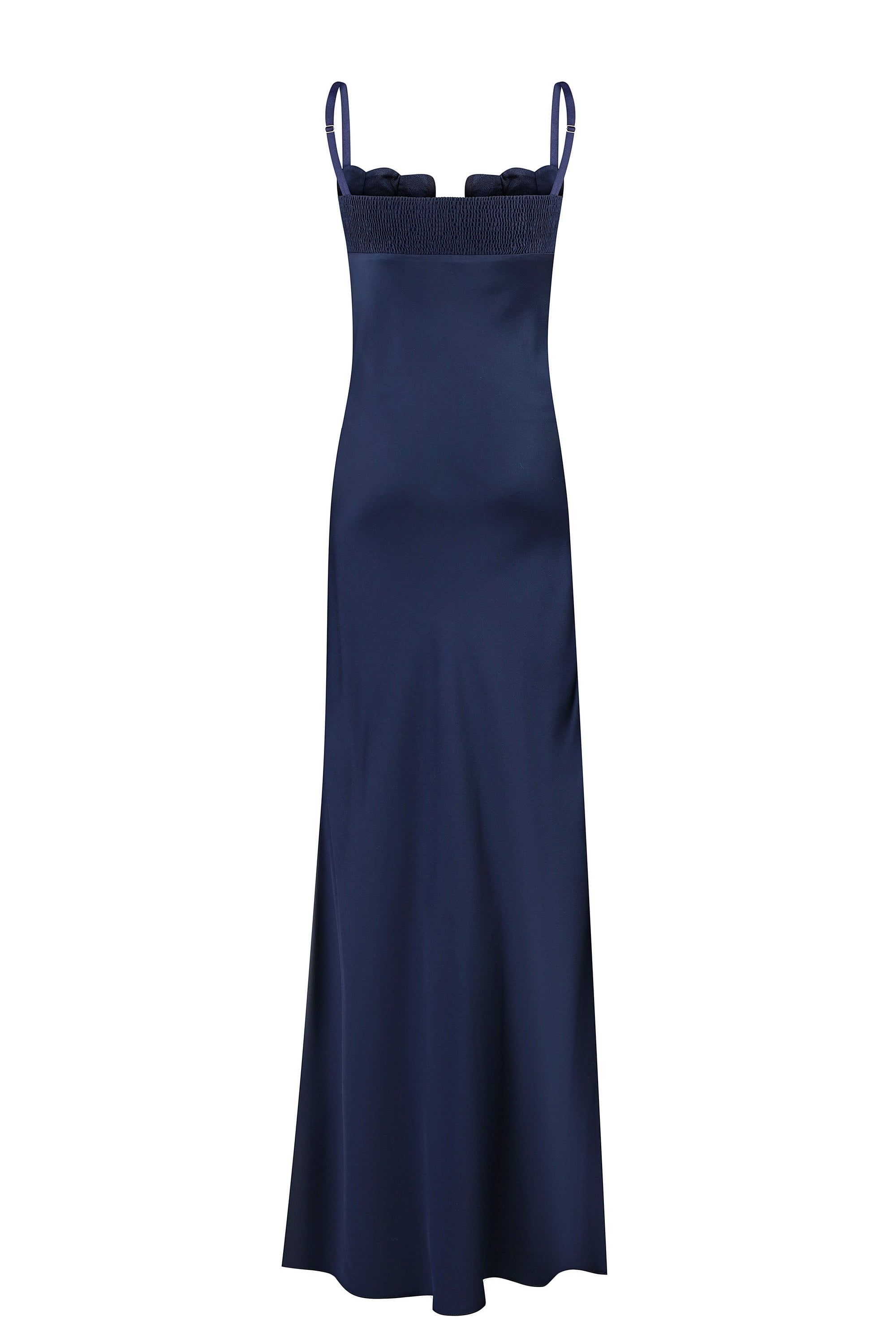 Blue Tulip dress with a textured bodice against a white background, back view