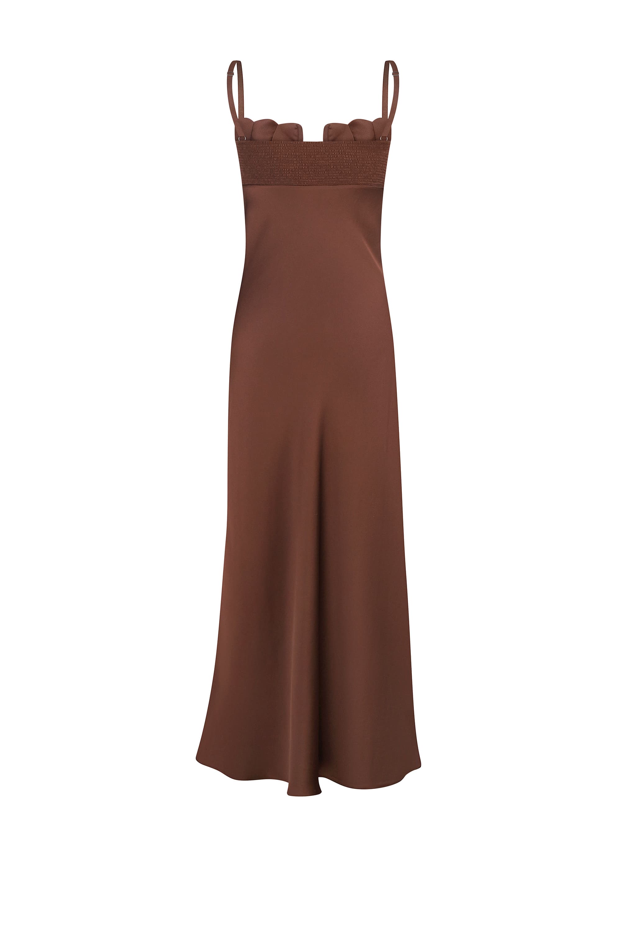 Brown Tulip dress with ruffled straps on a white background, back view