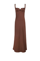 Brown Tulip dress with ruffled straps on a white background, front view