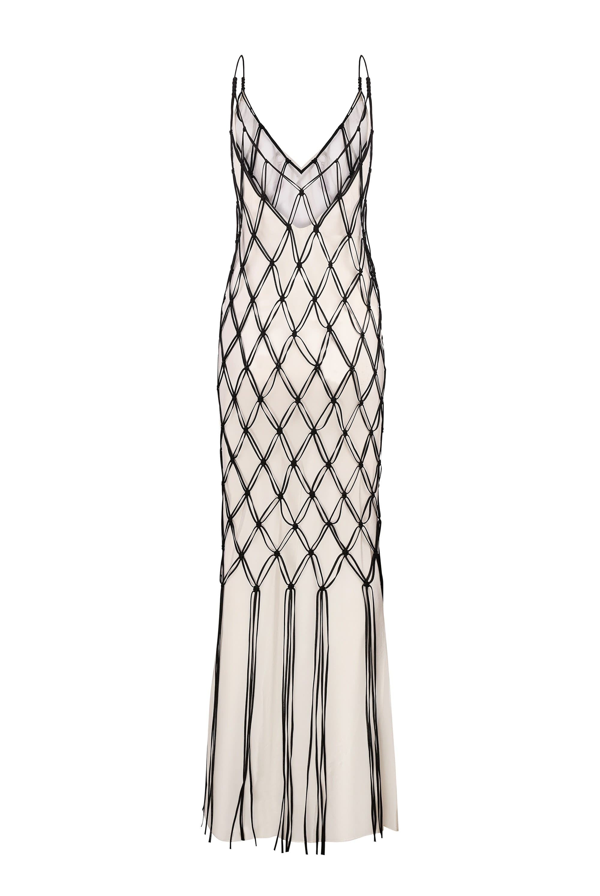 Ivory and black netted patterned with thin straps Helena dress on a white background, back view