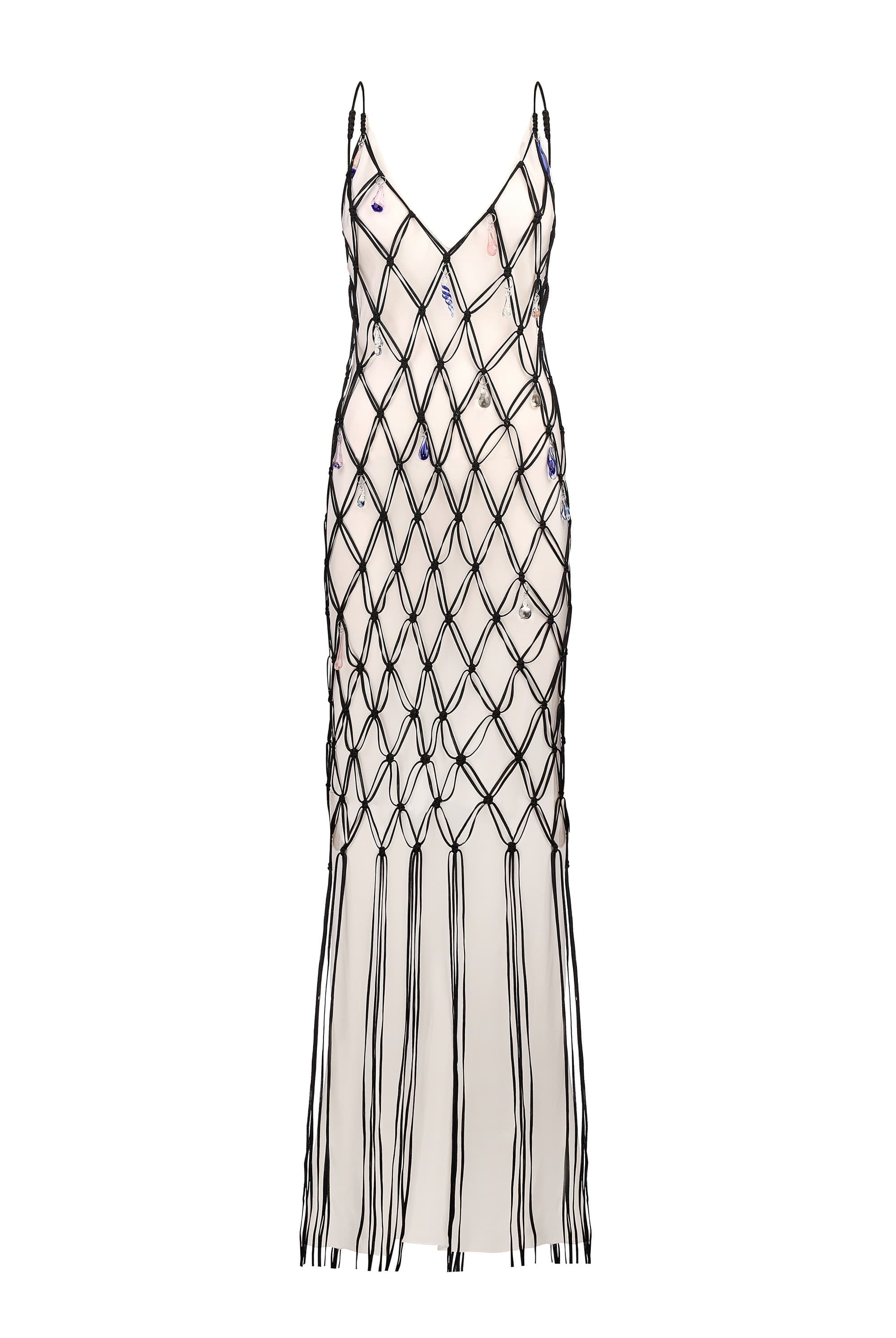 Ivory and black netted patterned with thin straps Helena dress on a white background, front view