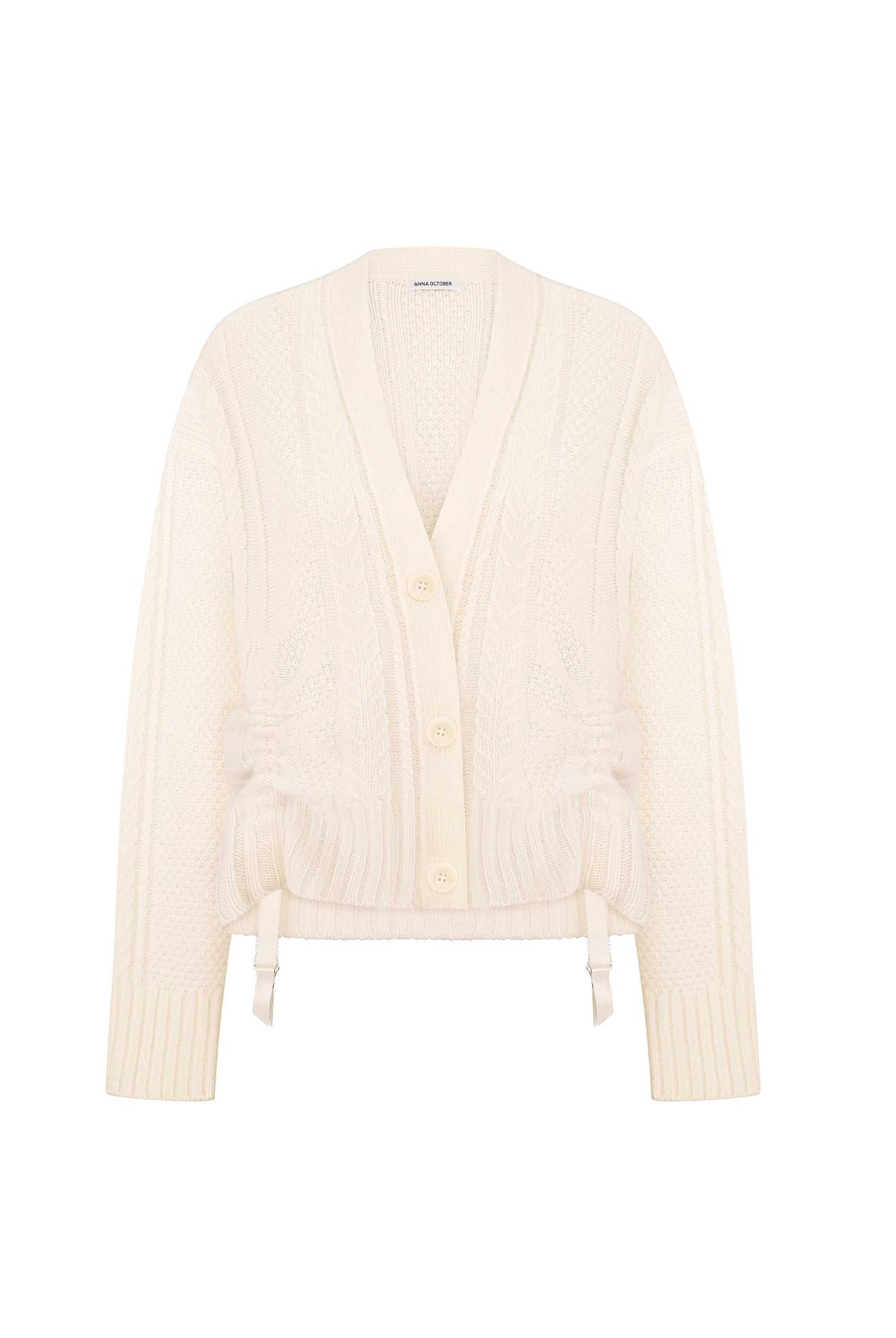 Ivory Josie cardigan on a white background, front view