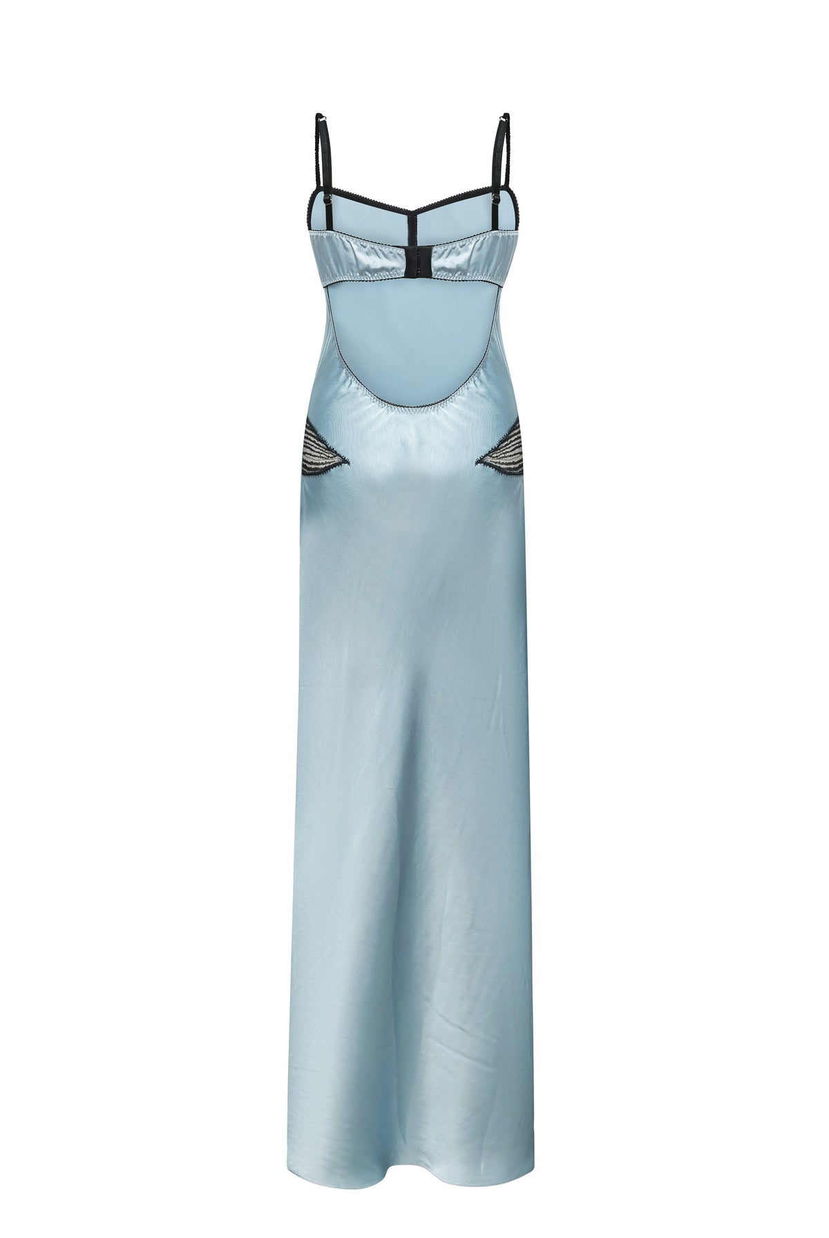 A light blue satin slip Daphne dress with thin black spaghetti straps and embroidered black feather details on the hips, shown against a plain white background, back view