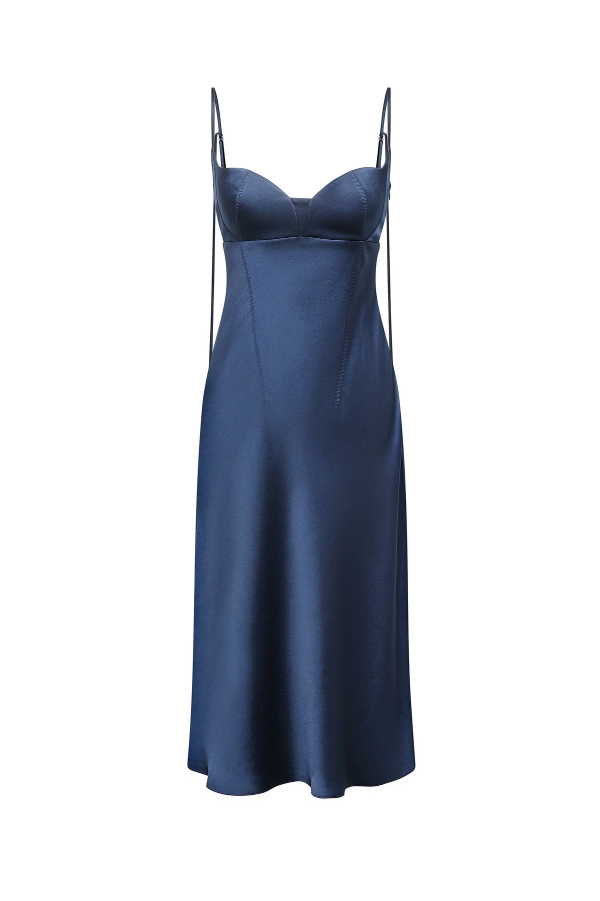 A navy blue satin slip Leona dress with thin spaghetti straps and a sweetheart neckline, shown against a plain white background, front view