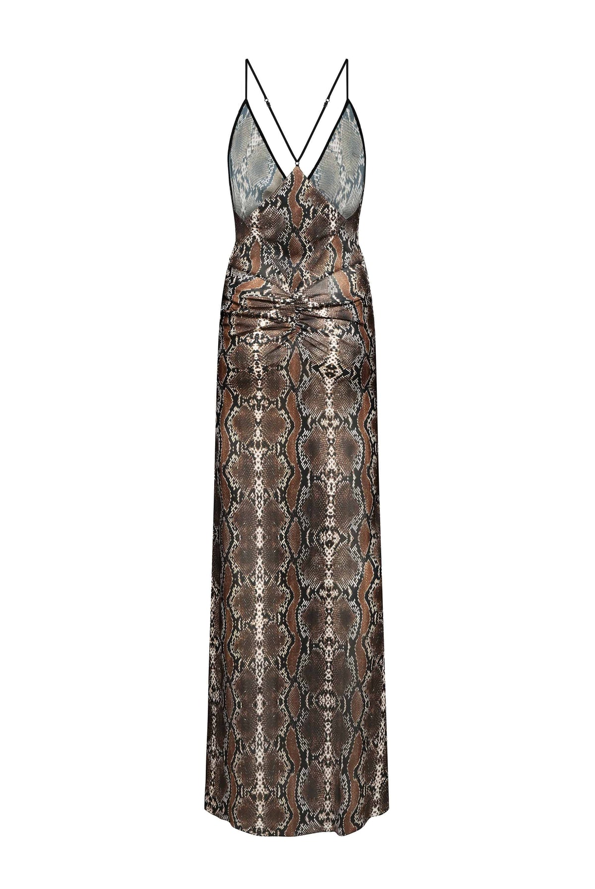 A floor-length slip Eliana dress with a snakeskin pattern in brown, beige, and gray tones, featuring thin double crossover shoulder straps and a gathered ruched waist detail, shown against a plain white background, back view
