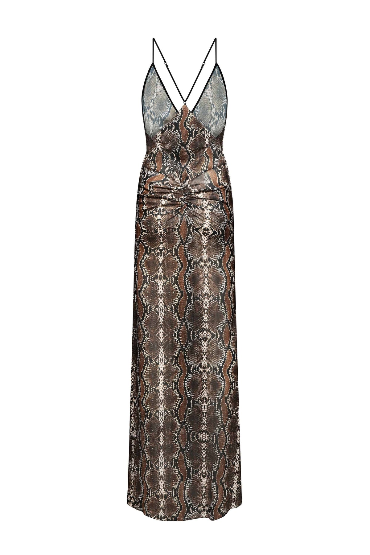 A floor-length slip Eliana dress with a snakeskin pattern in brown, beige, and gray tones, featuring thin double crossover shoulder straps and a gathered ruched waist detail, shown against a plain white background, back view