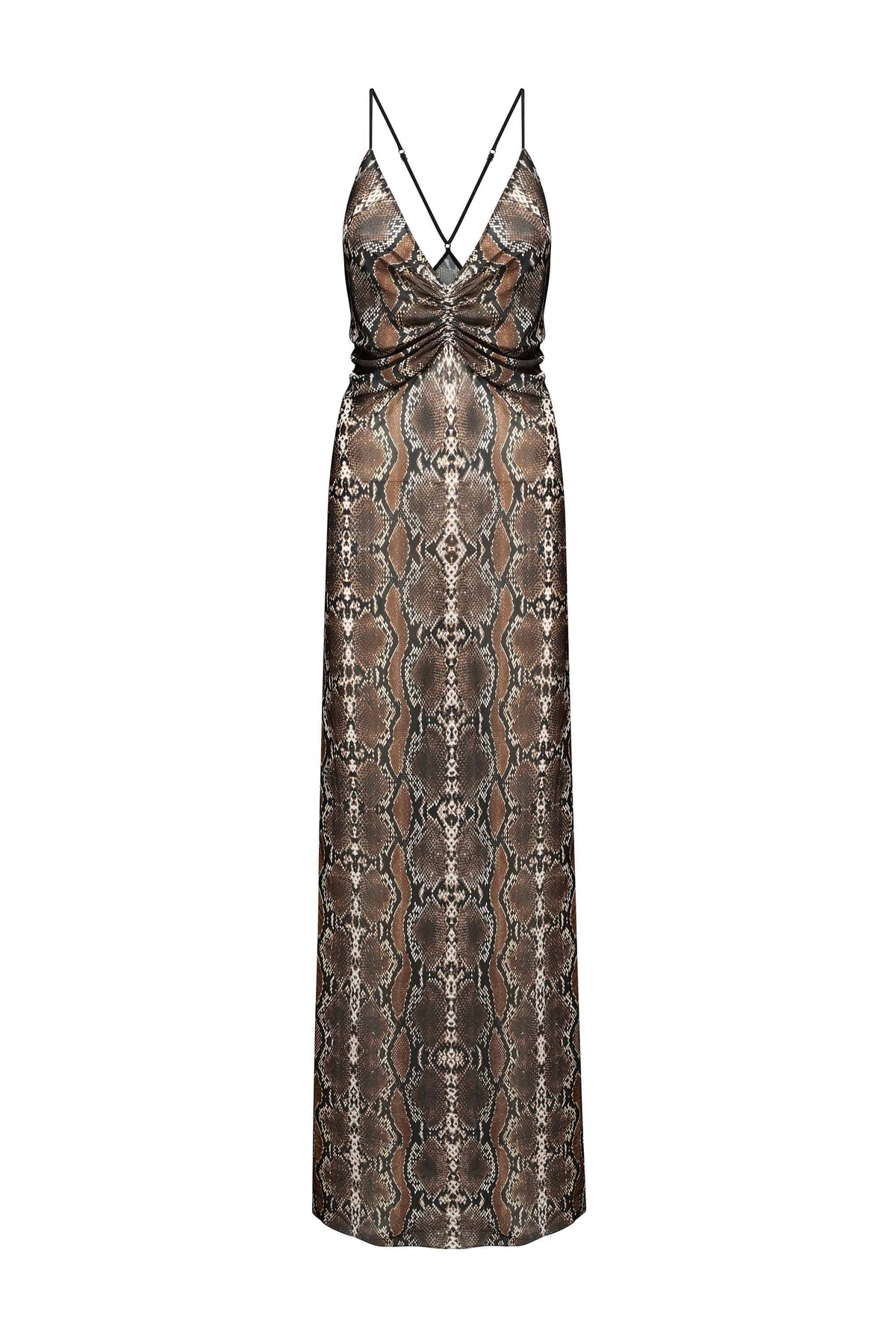 A floor-length sleeveless Eliana dress with thin double shoulder straps and a wrap-style V-neckline, featuring a metallic snakeskin pattern in bronze, brown, and gray tones. The bodice has a gathered bow detail at the waist, and the dress is shown against a plain white background, front view
