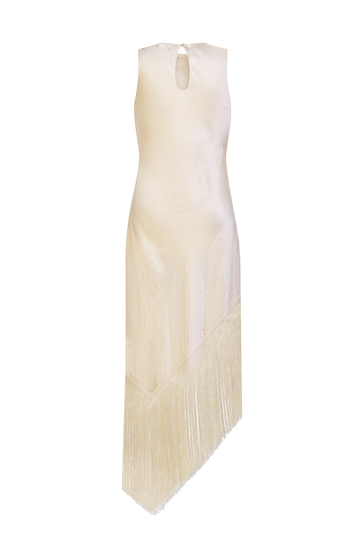 An ivory sleeveless Amiyra dress with a keyhole neckline and a long fringe hem, shown against a plain white background, back view